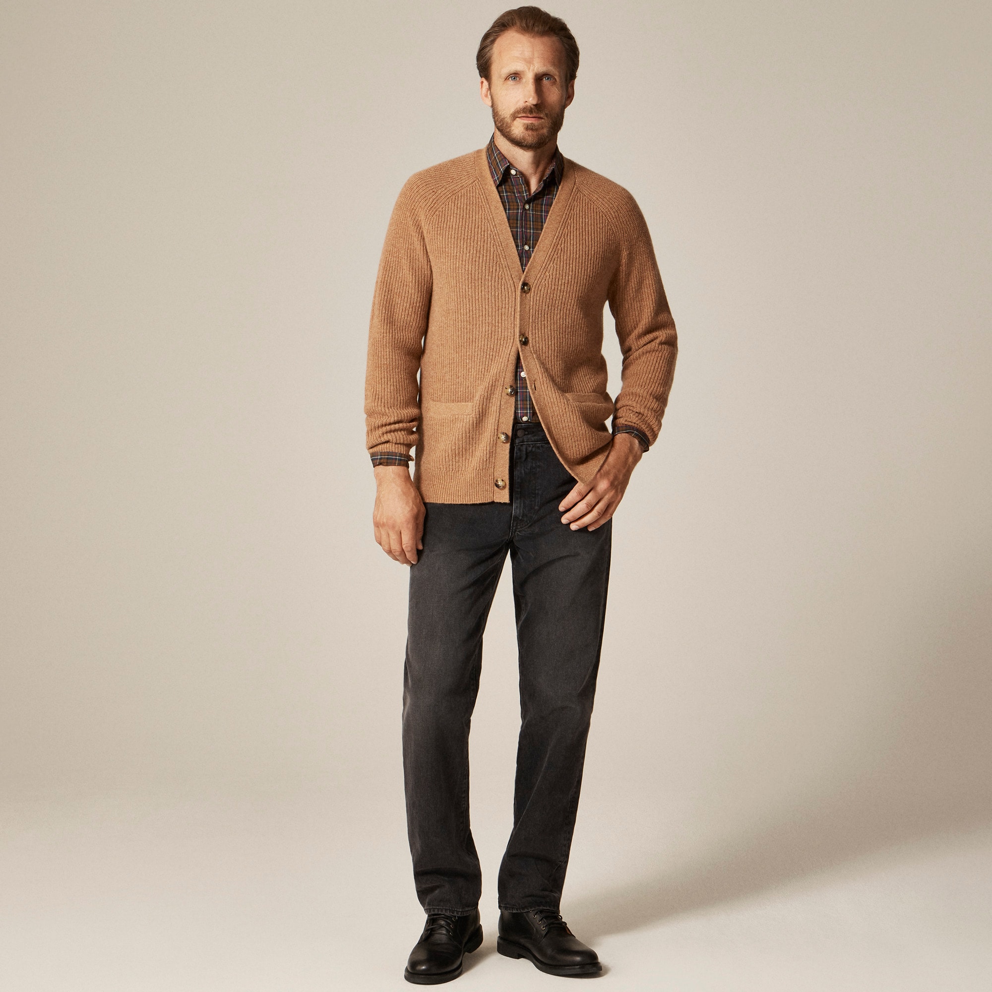 Midweight heathered cashmere ribbed V-neck cardigan