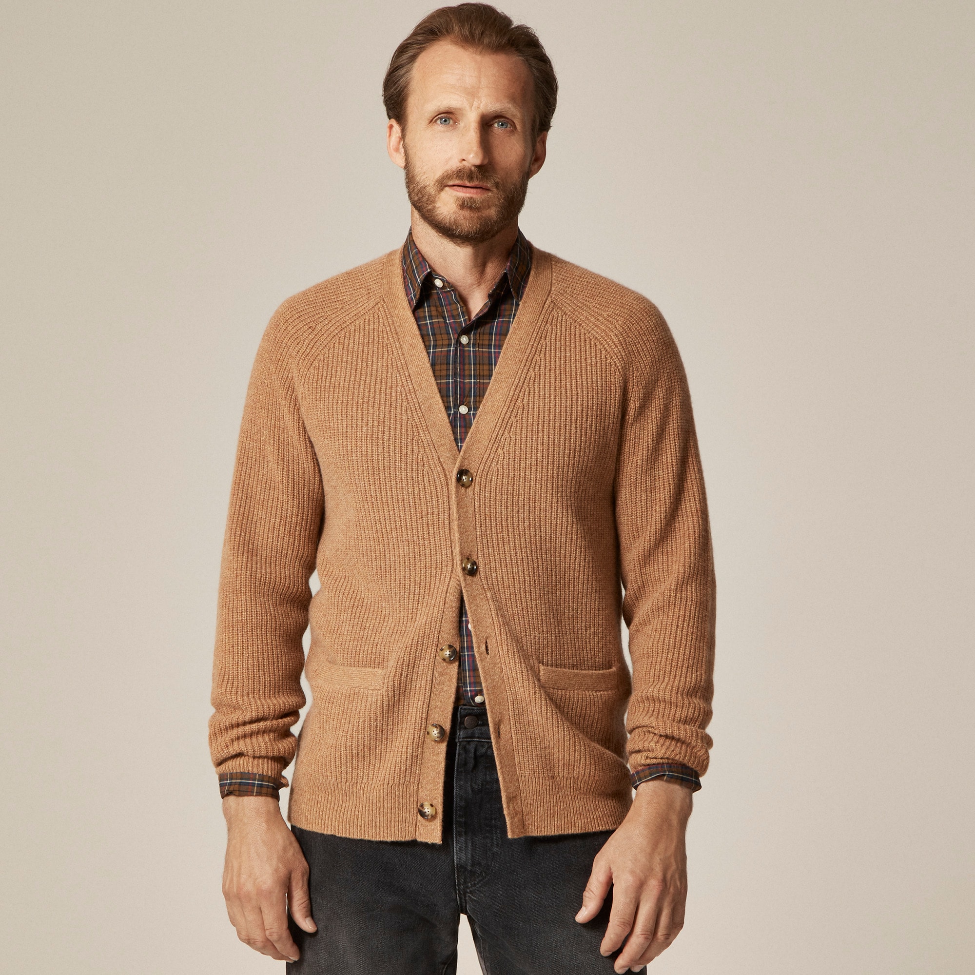  Midweight heathered cashmere ribbed V-neck cardigan