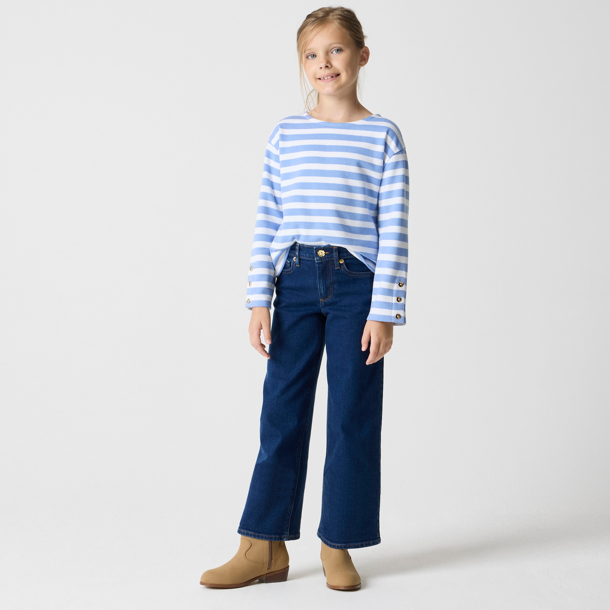 Girls' flower-button wide-leg jean