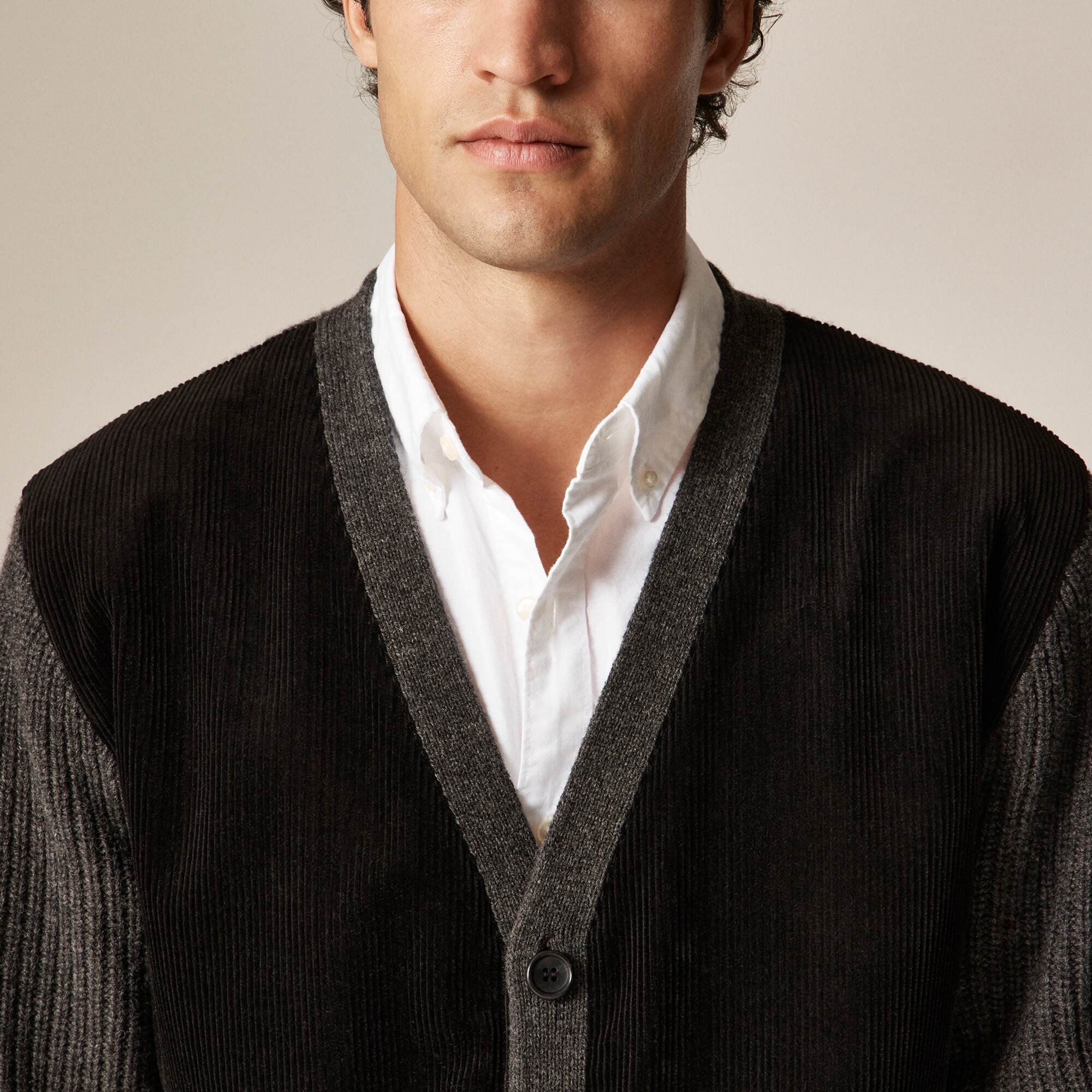 Merino Lambswool Cardigan With Corduroy For Men | J.Crew