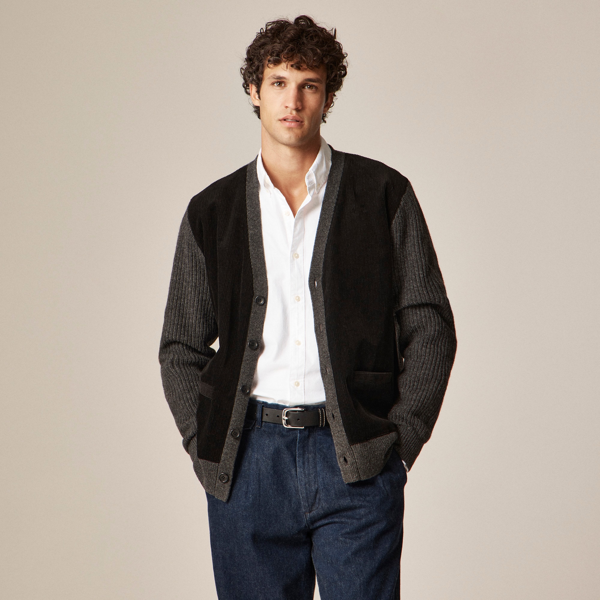 Merino Lambswool Cardigan With Corduroy For Men | J.Crew