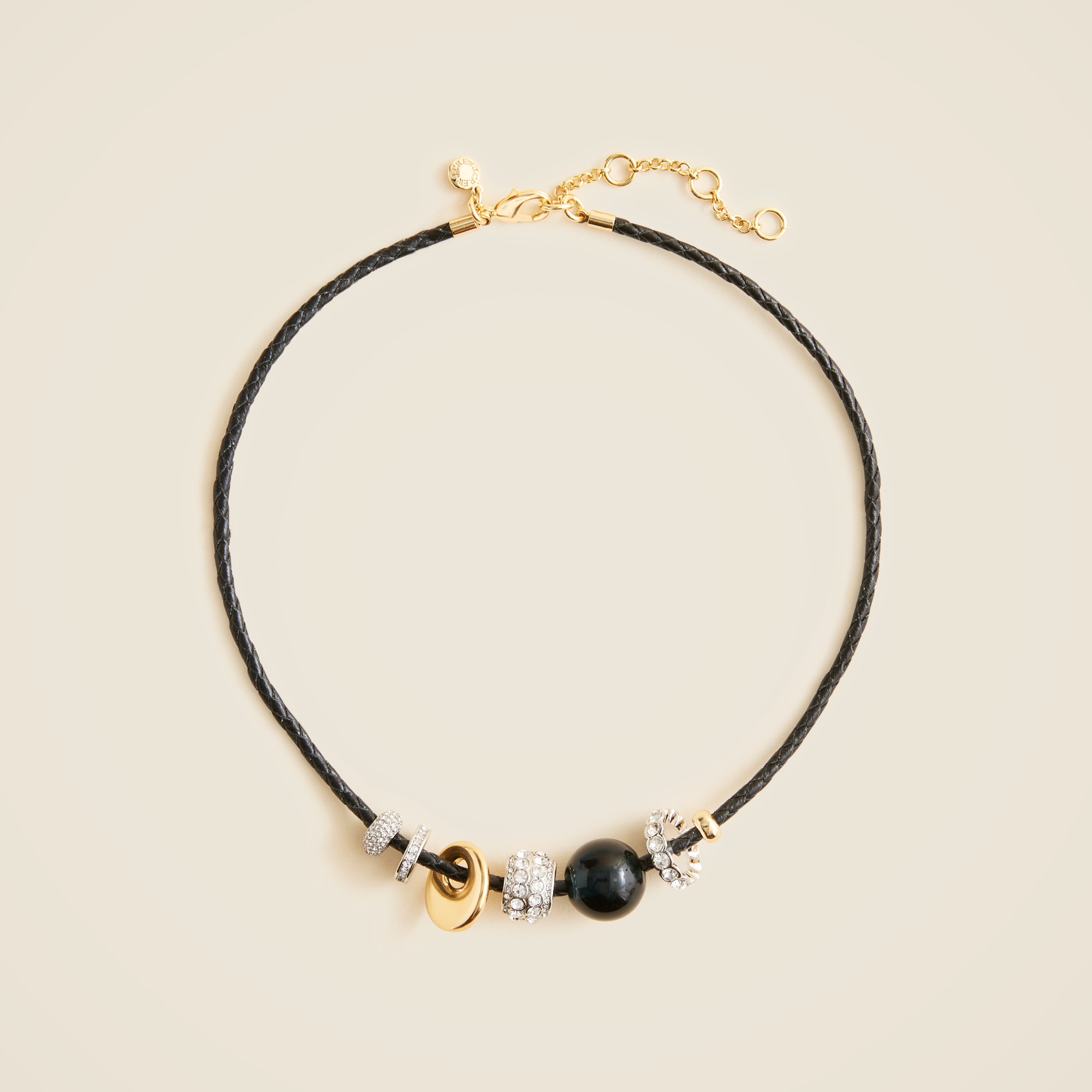 Beaded leather cord necklace with pavé crystals