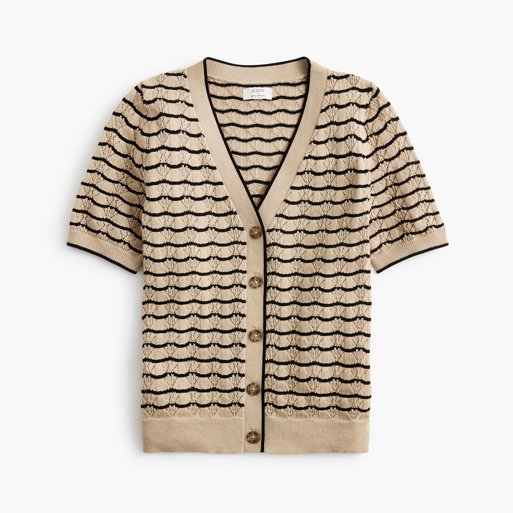 Short-sleeve pointelle V-neck cardigan sweater