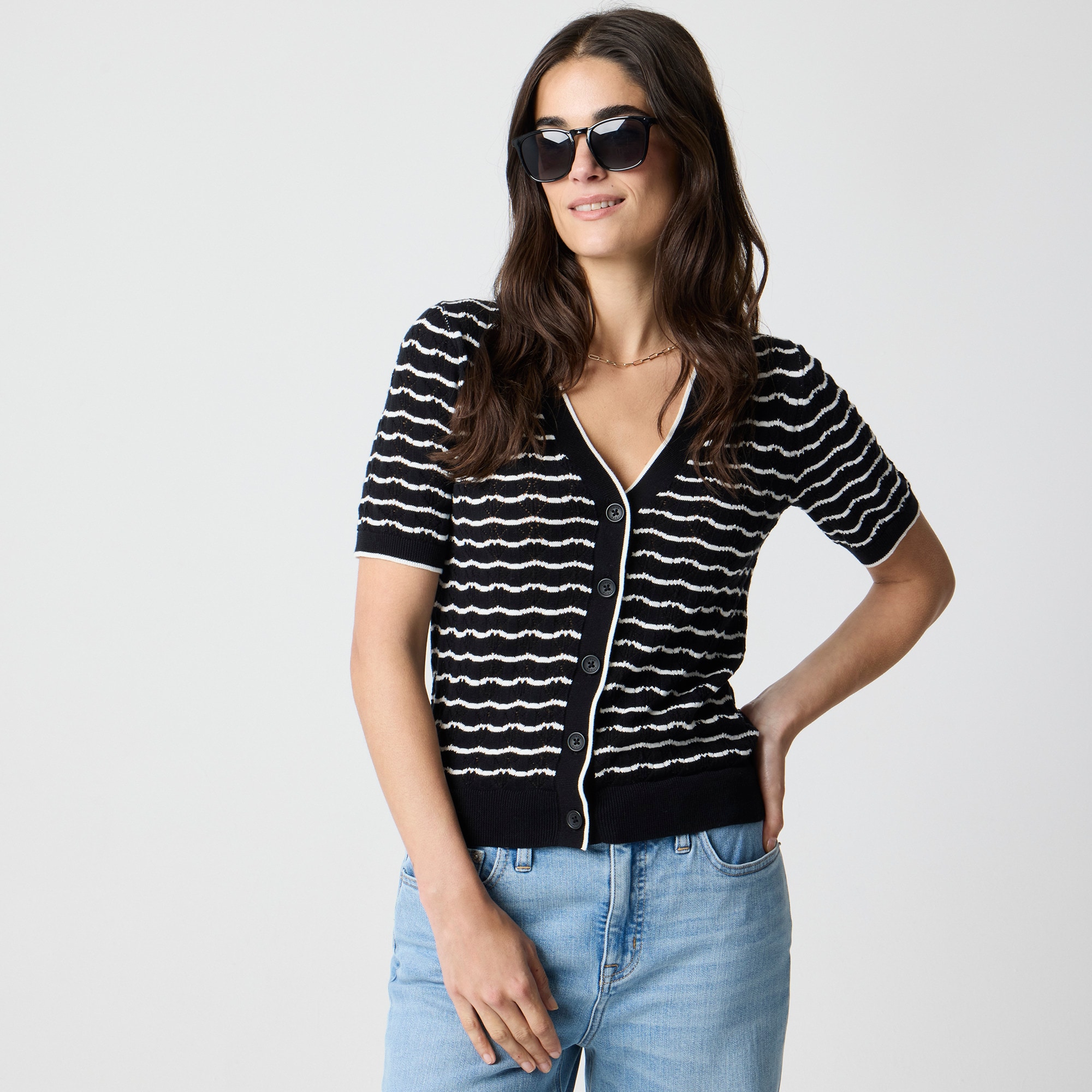 womens Short-sleeve pointelle V-neck cardigan sweater