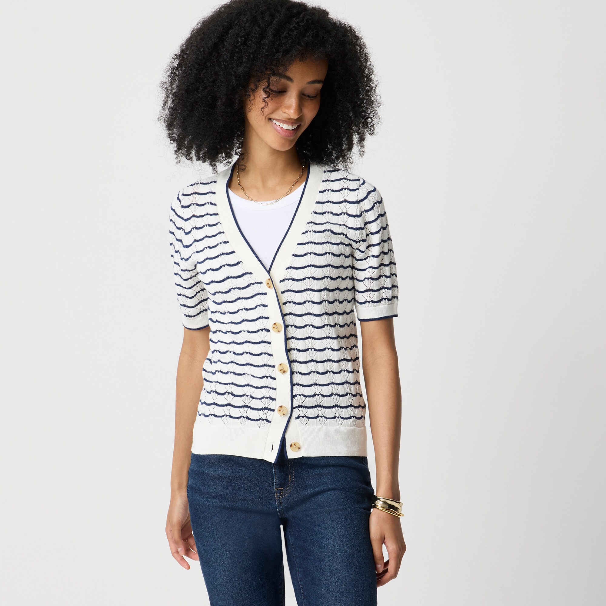 Short-sleeve pointelle V-neck cardigan sweater