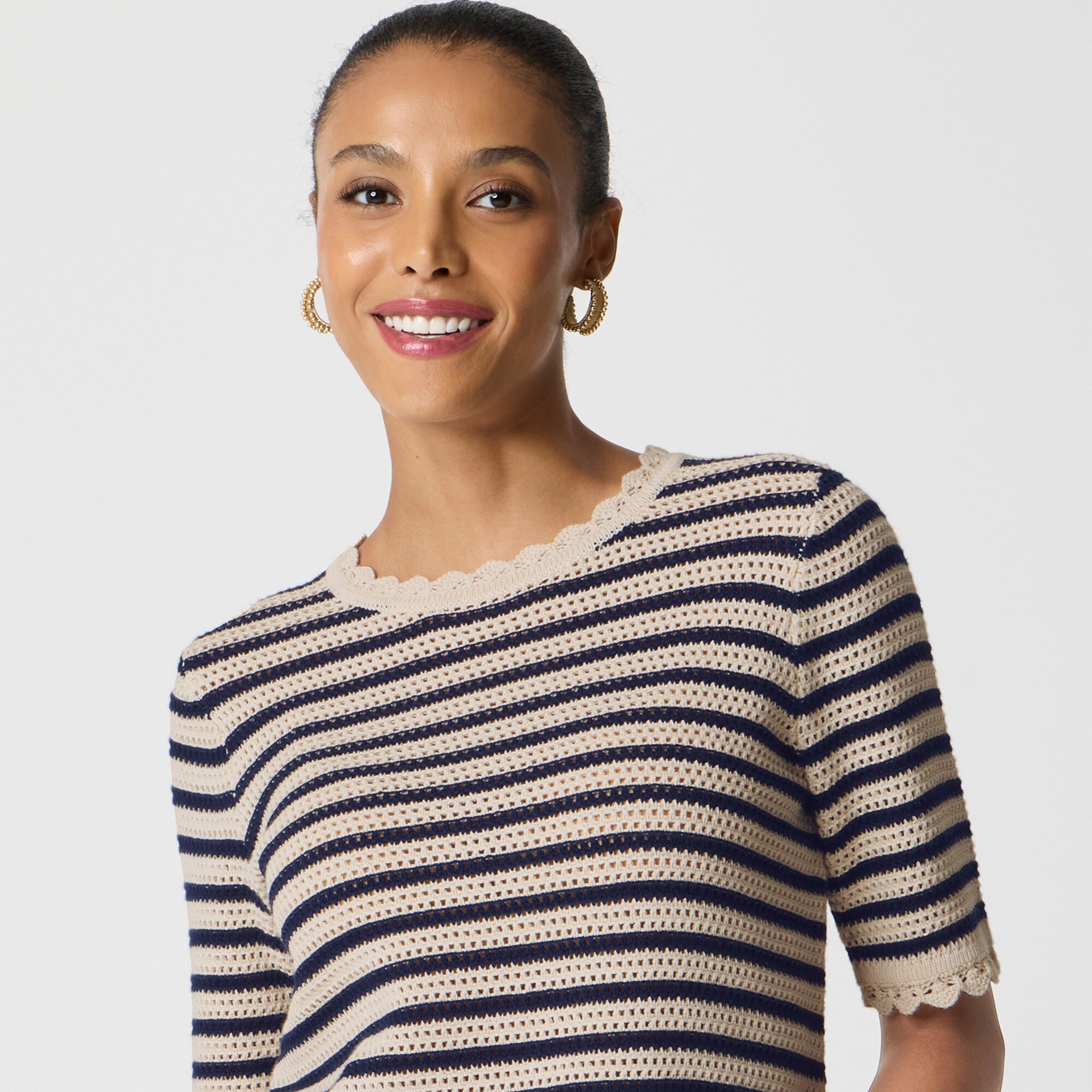 Striped short-sleeve pointelle sweater