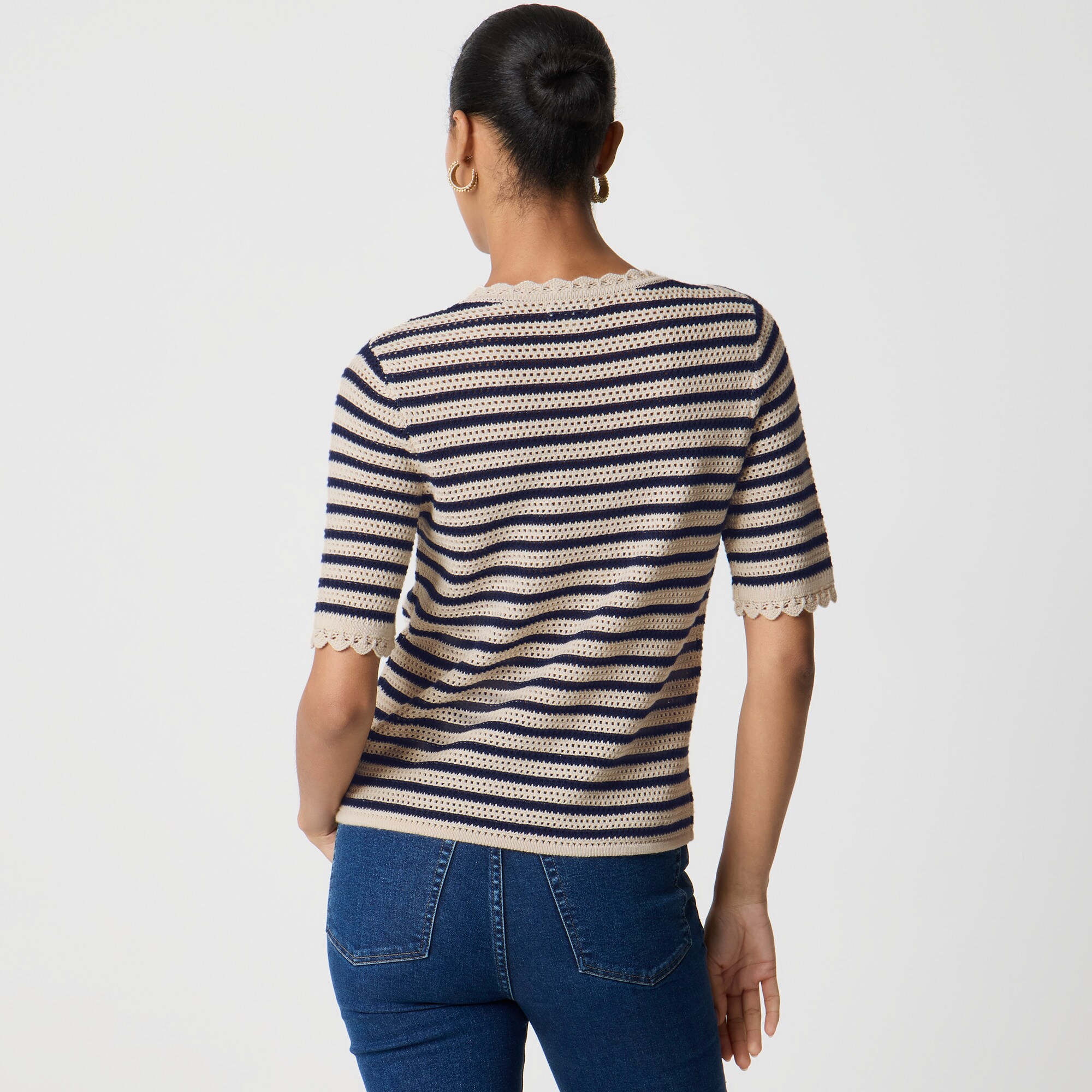 Striped short-sleeve pointelle sweater