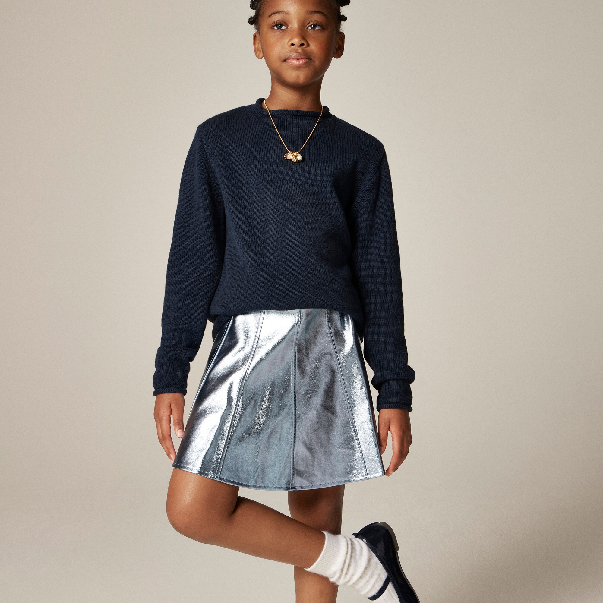 Girls' picture day skirt in faux metallic leather