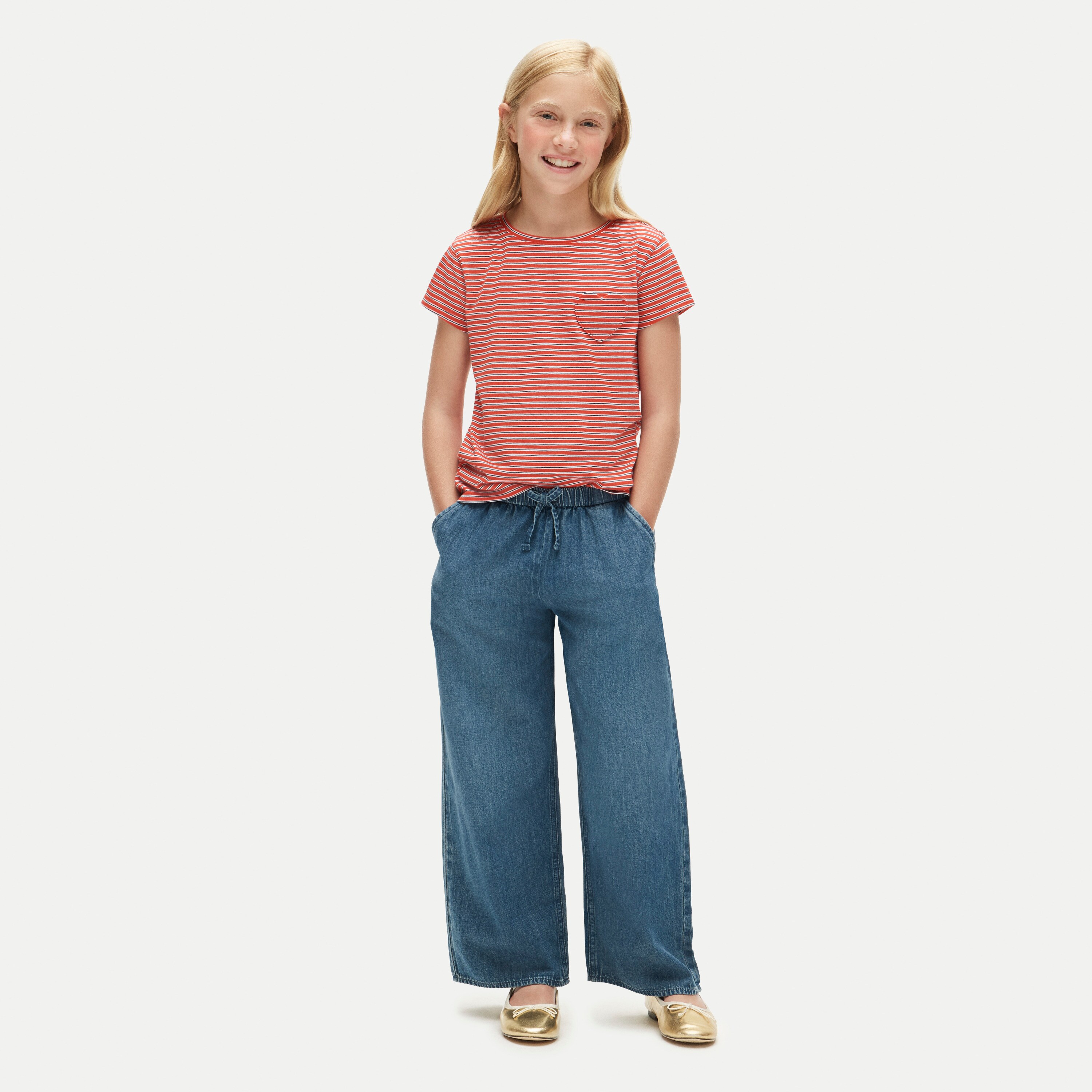 Girls' short-sleeve heart-pocket T-shirt in vintage jersey