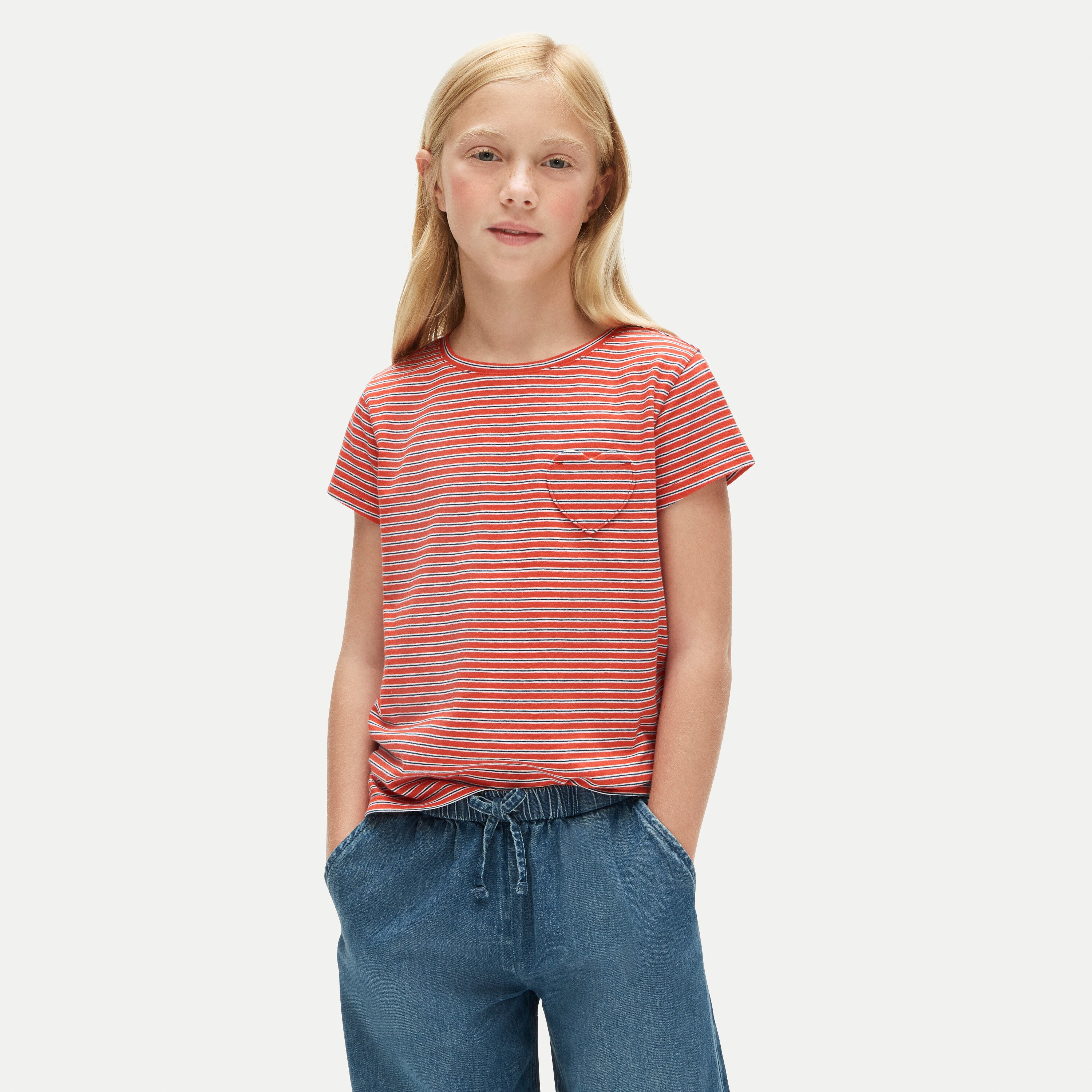 Girls' short-sleeve heart-pocket T-shirt in vintage jersey