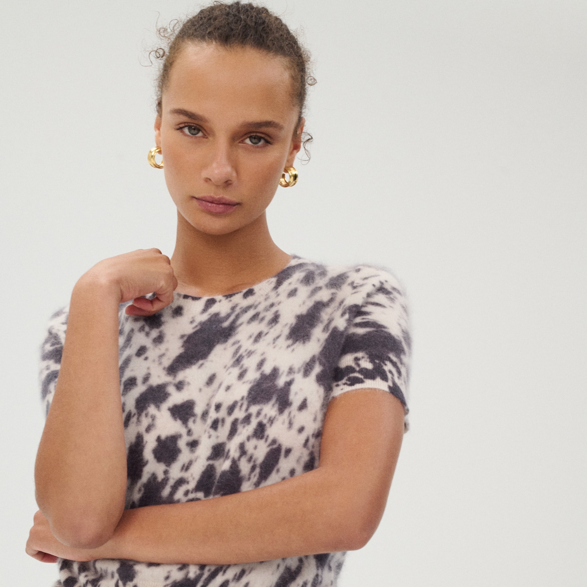Brushed cashmere T-shirt in cow print