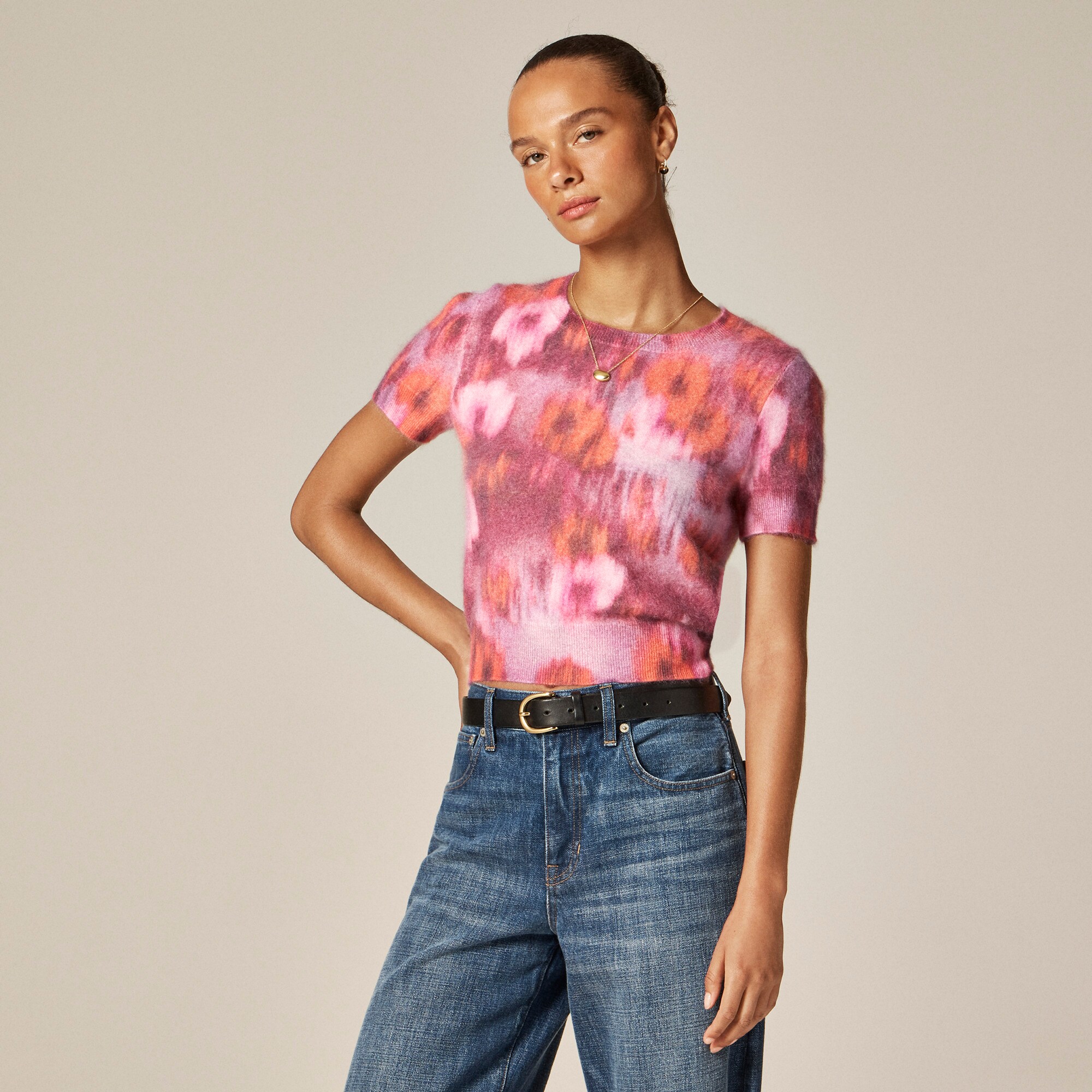  Brushed cashmere T-shirt in watercolor floral print