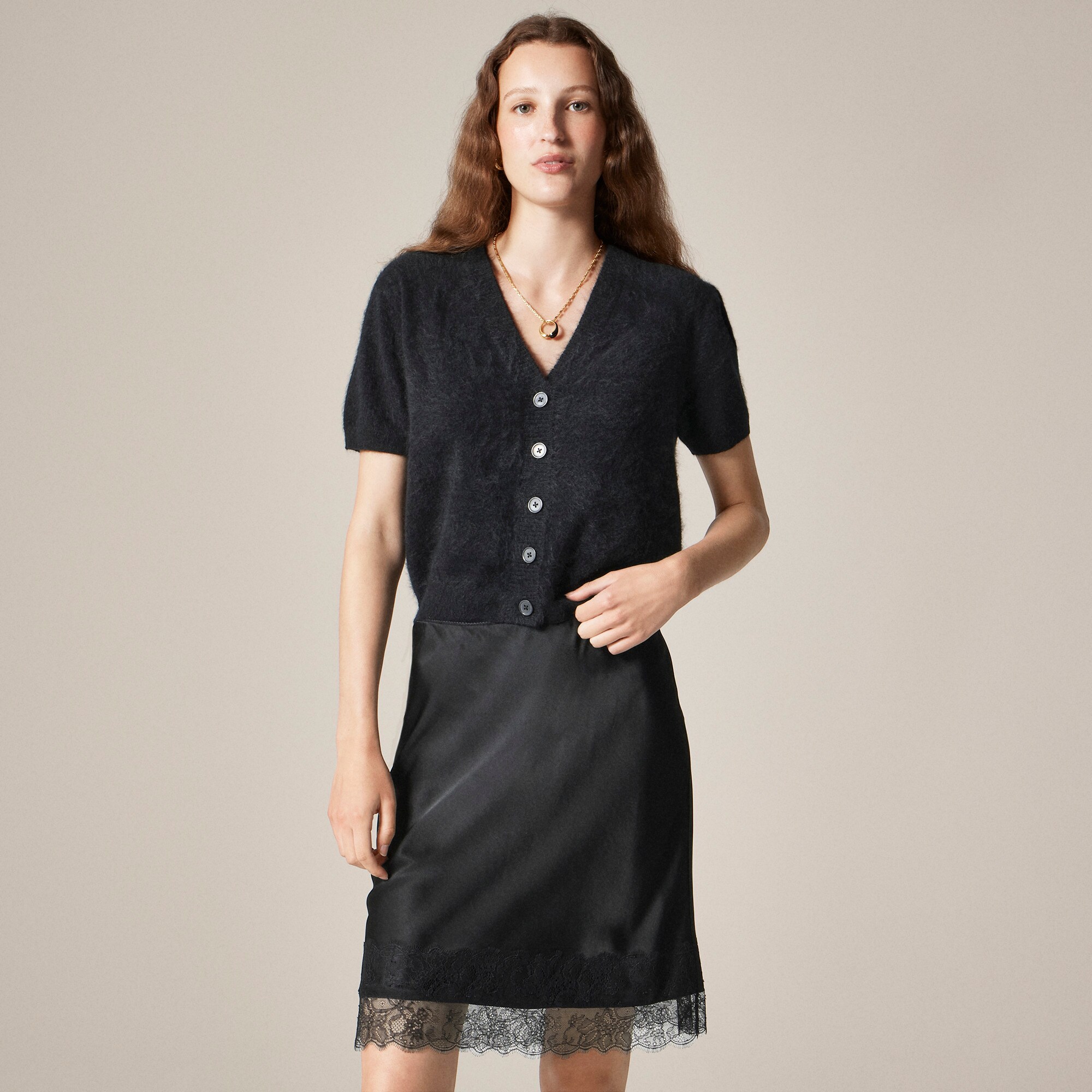  Brushed cashmere short-sleeve cardigan