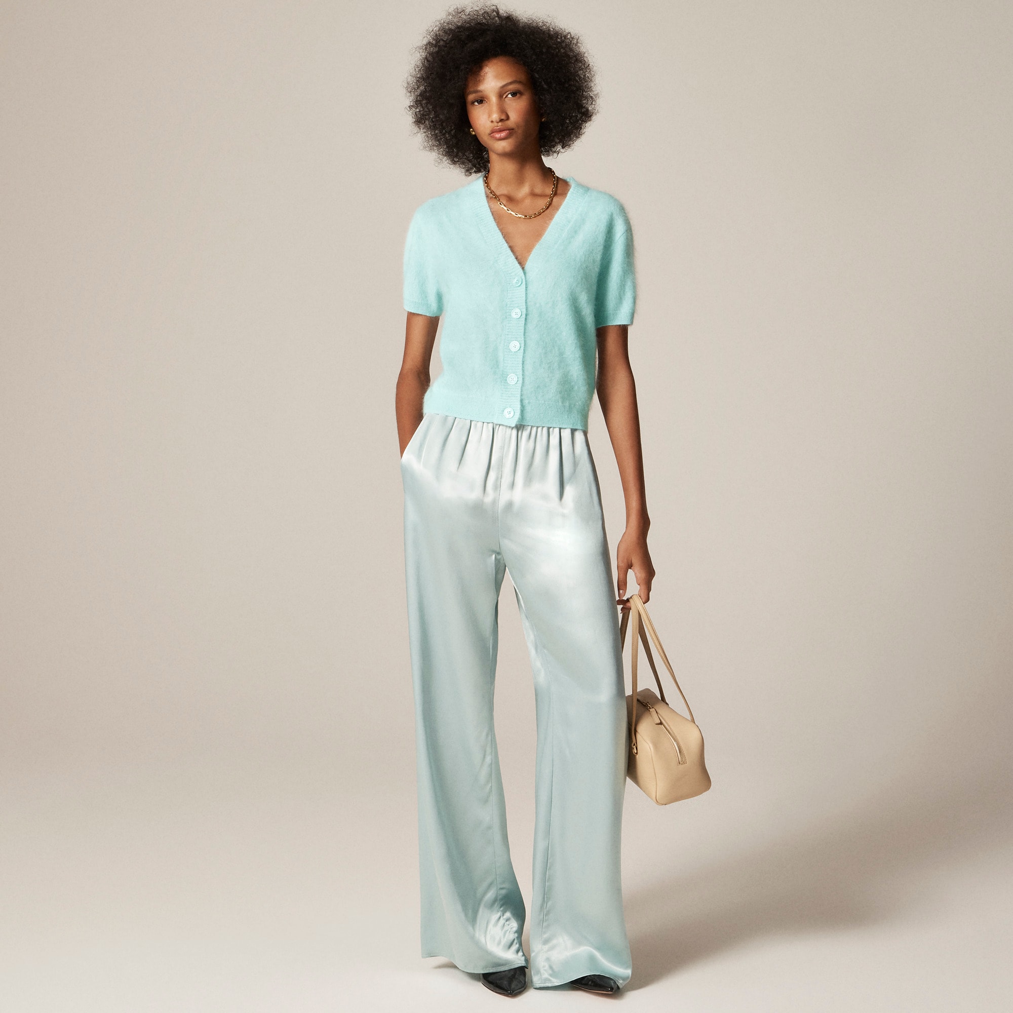 Brushed cashmere short-sleeve cardigan