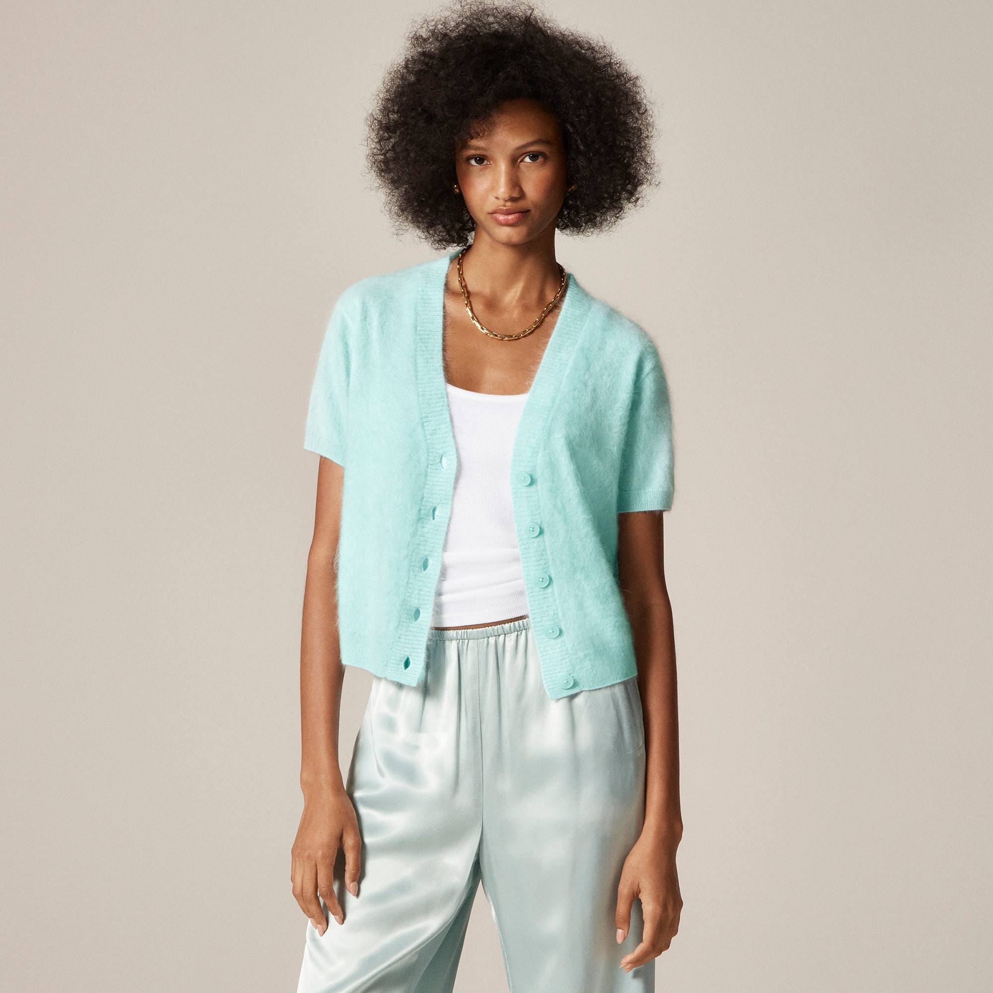 cherry　drawer  カシミヤシルクカーディガン　ライトブルー Brushed Cashmere Short-sleeve Cardigan For Women | J.Crew