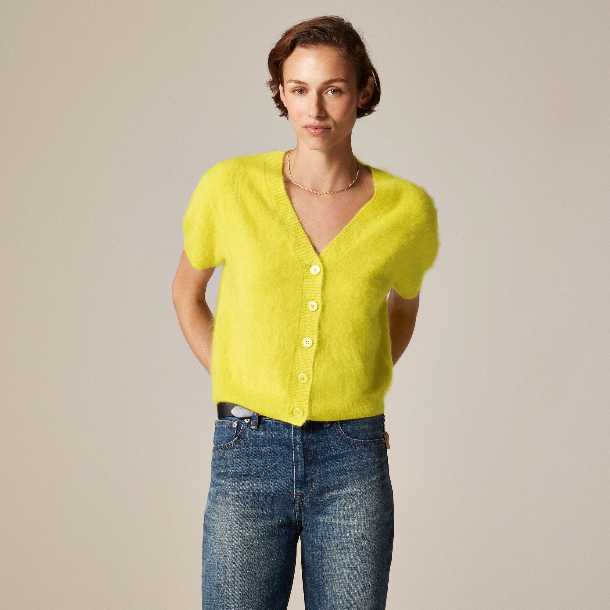  Brushed cashmere short-sleeve cardigan