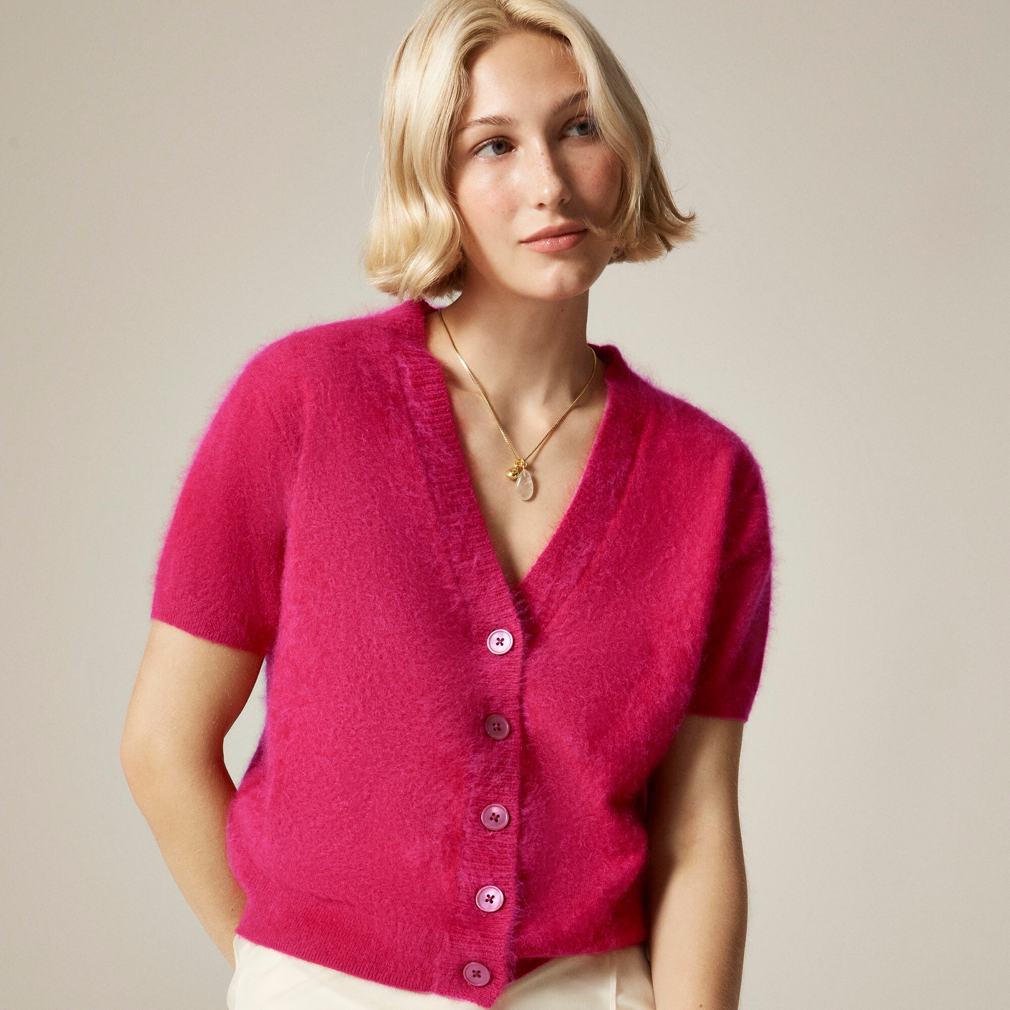 Brushed cashmere short-sleeve cardigan