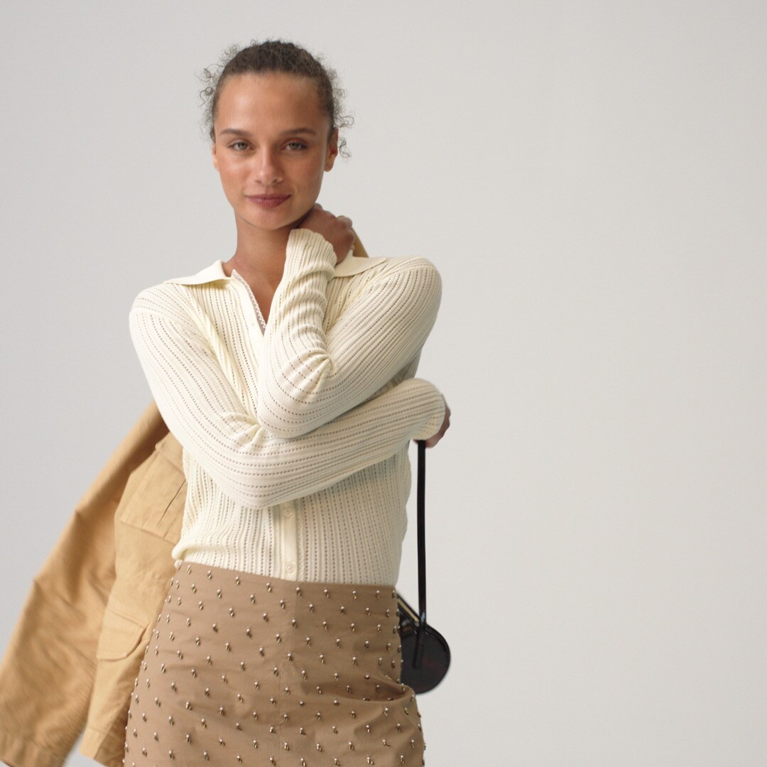 Ribbed tulle-trim sweater-tee in premium ultra-fine cotton