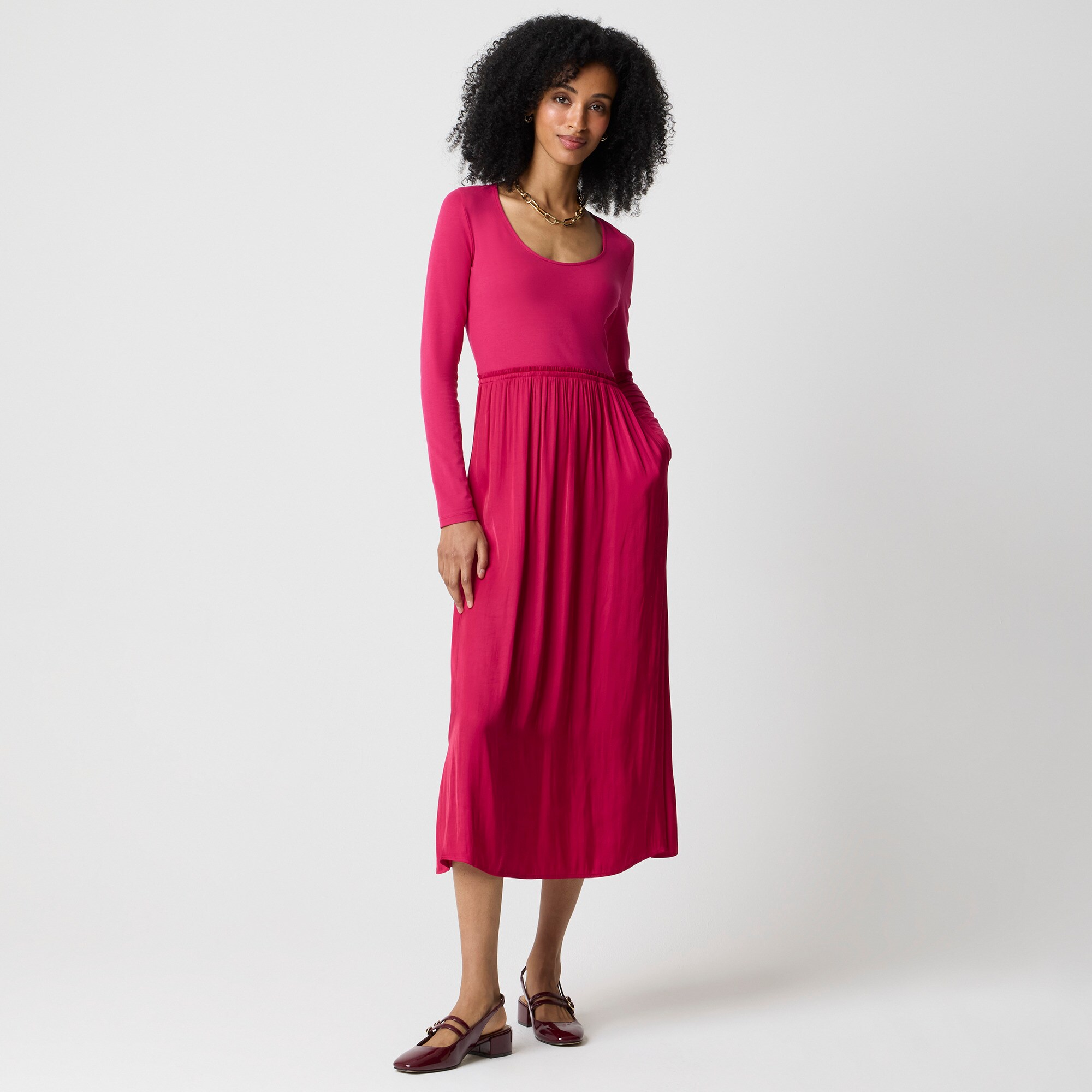 Long-sleeve knit mixed-media dress