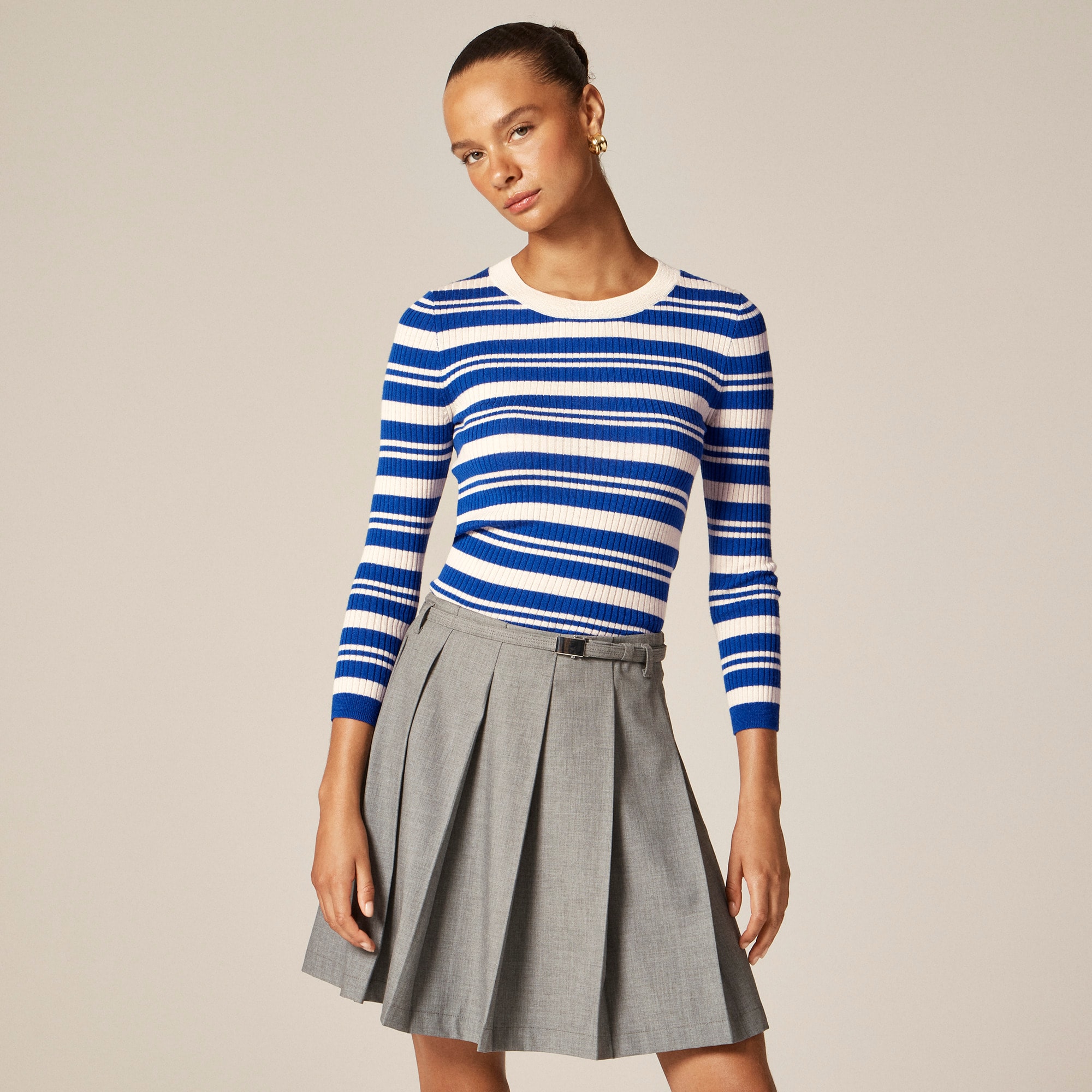 Carolyn Three-quarter Sleeve Sweater In Striped Merino Wool For