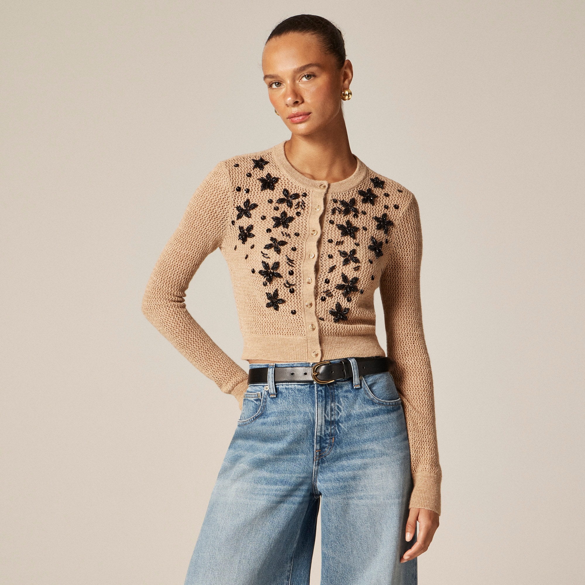 womens Loose-knit cardigan with floral embellishments