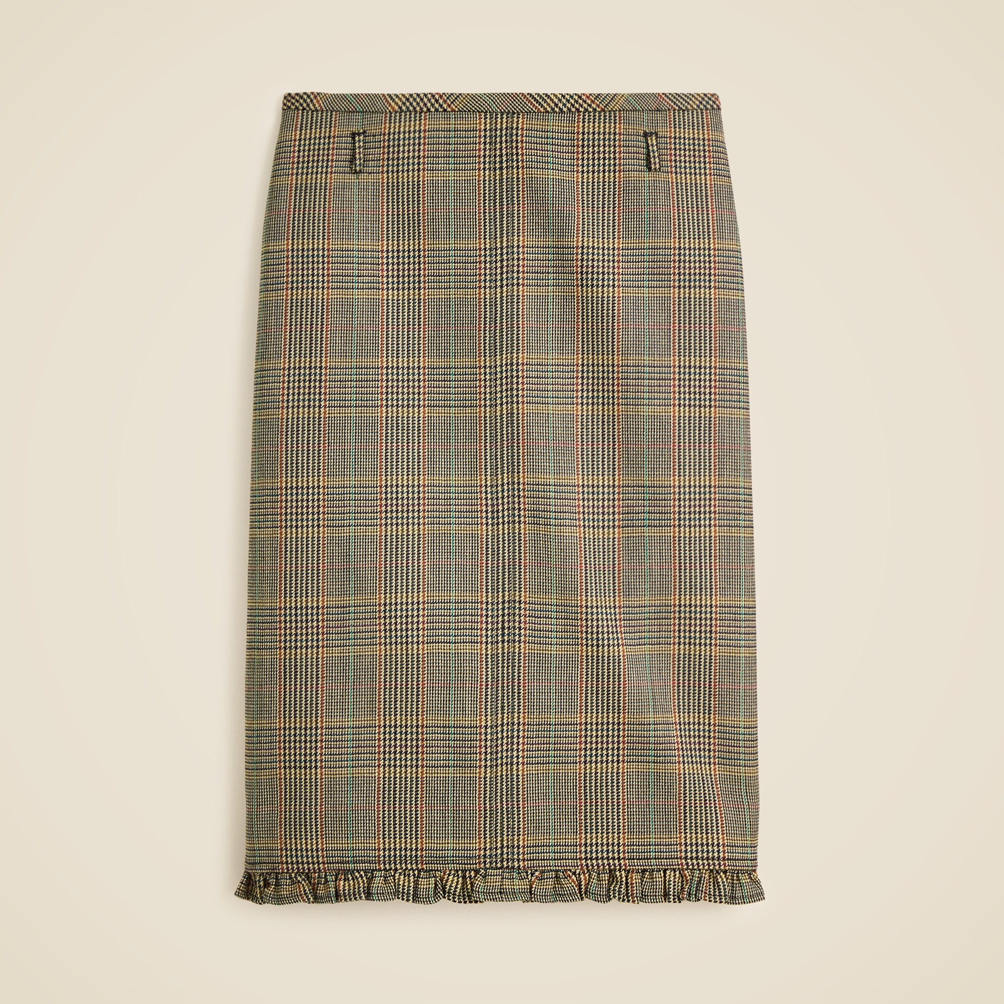 Ruffle-trim pencil midi skirt in glen plaid wool