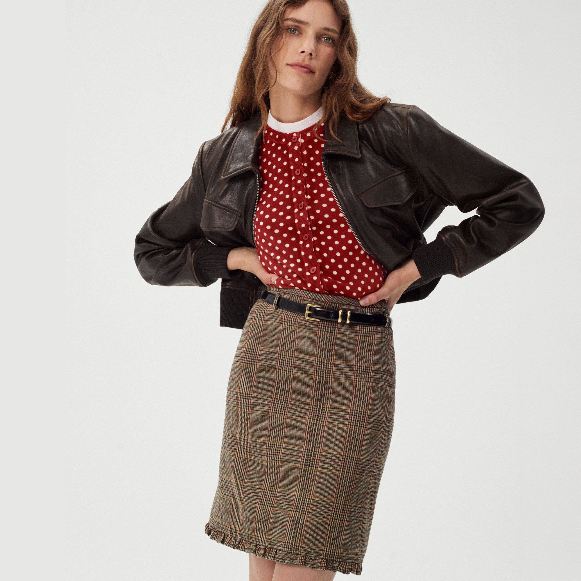  Ruffle-trim pencil midi skirt in glen plaid wool