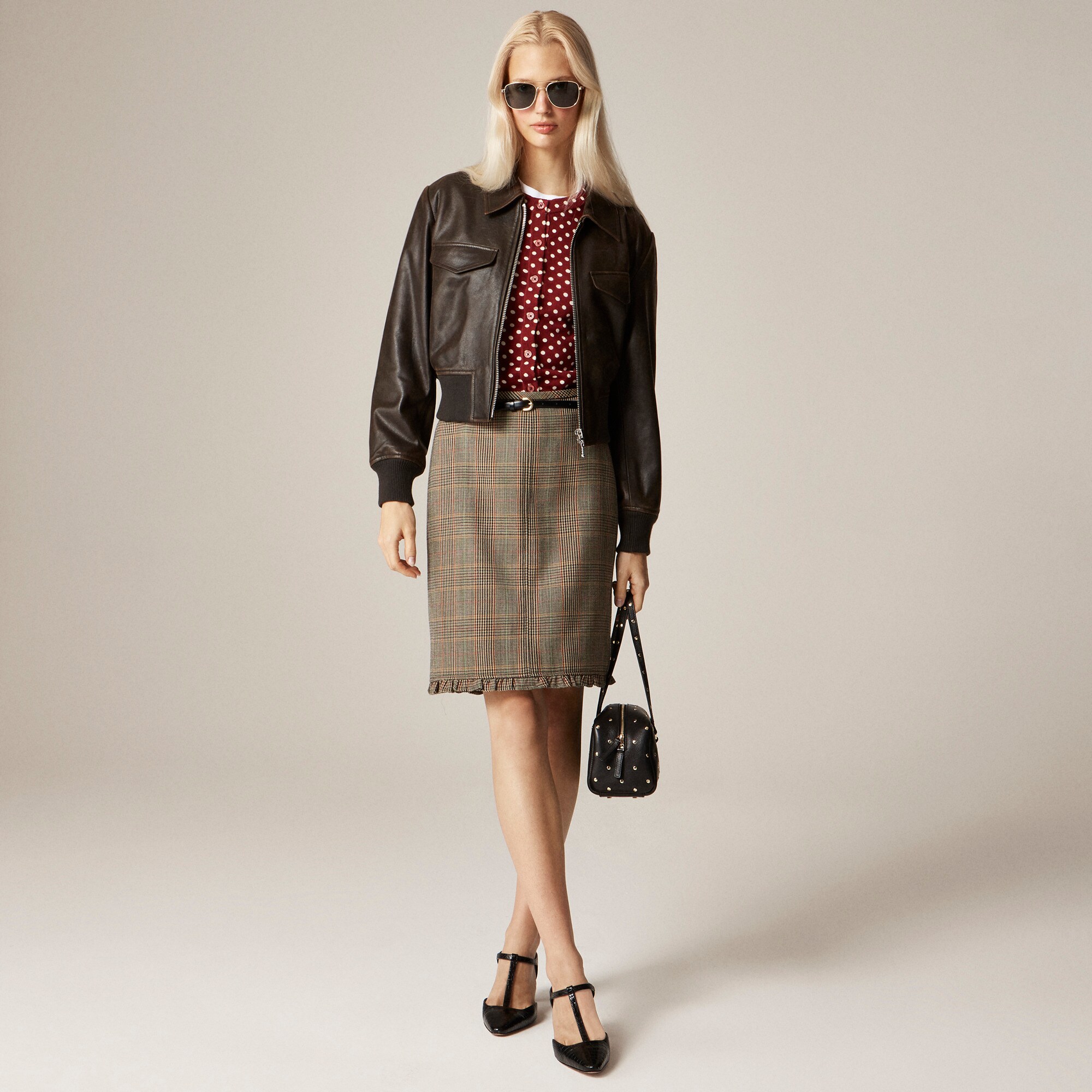  Ruffle-trim pencil midi skirt in glen plaid wool
