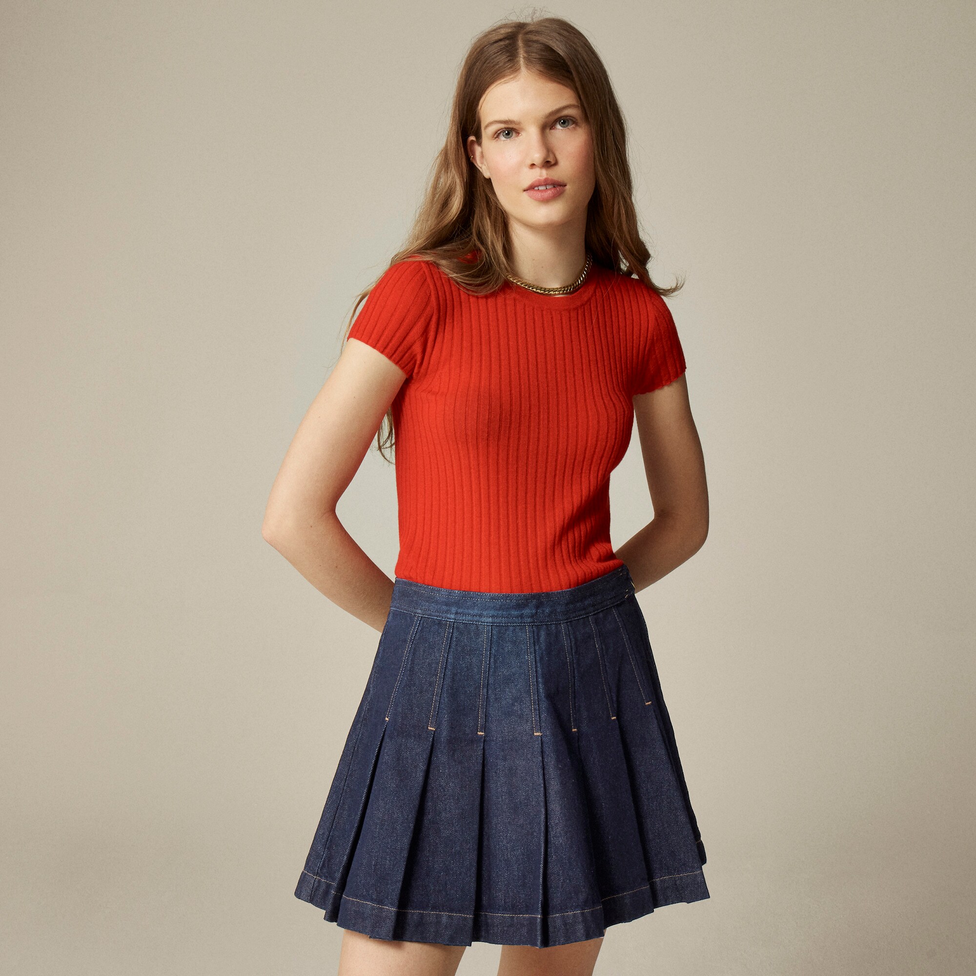 Petite pleated denim mini skirt