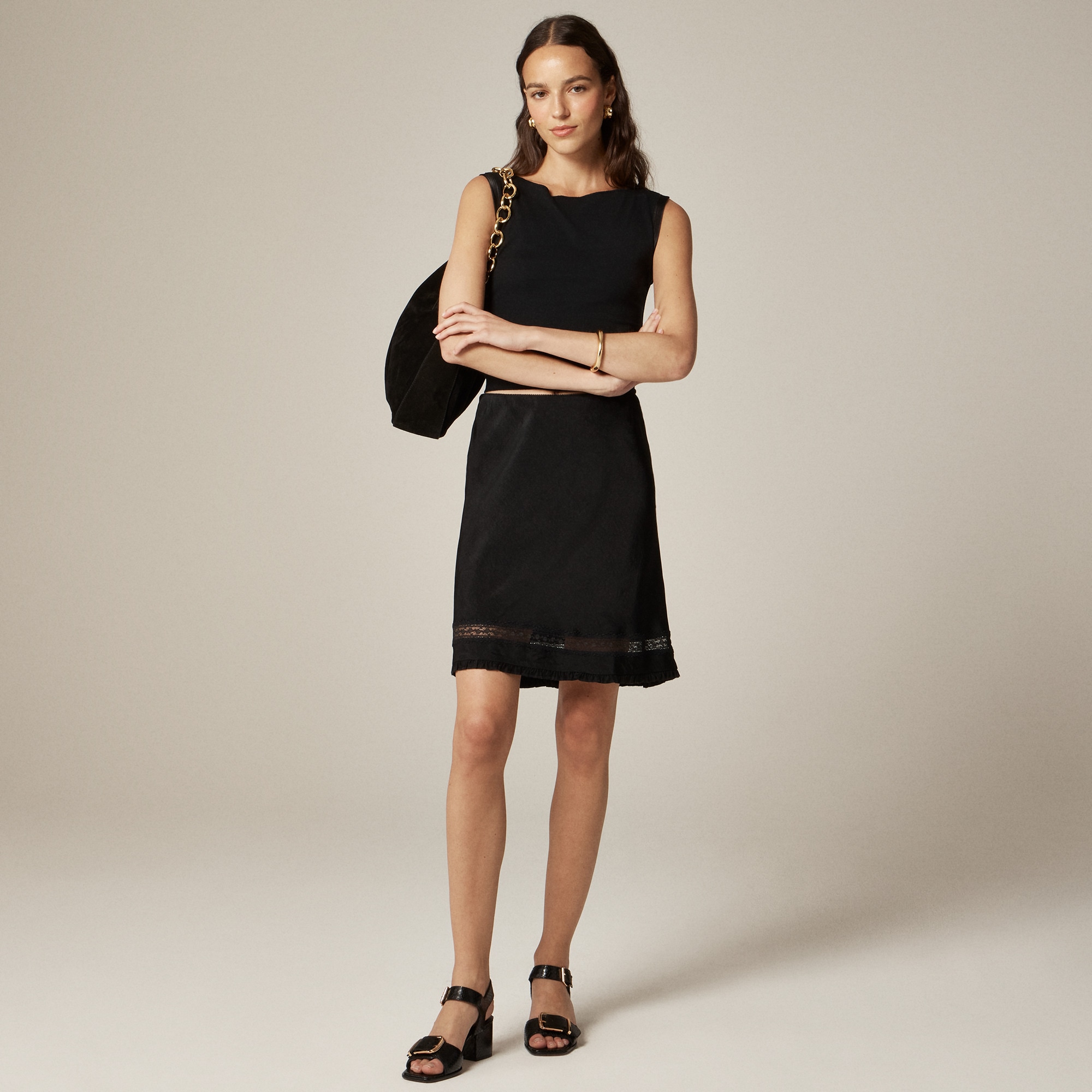 womens Lace-trim slip skirt in matte textured satin
