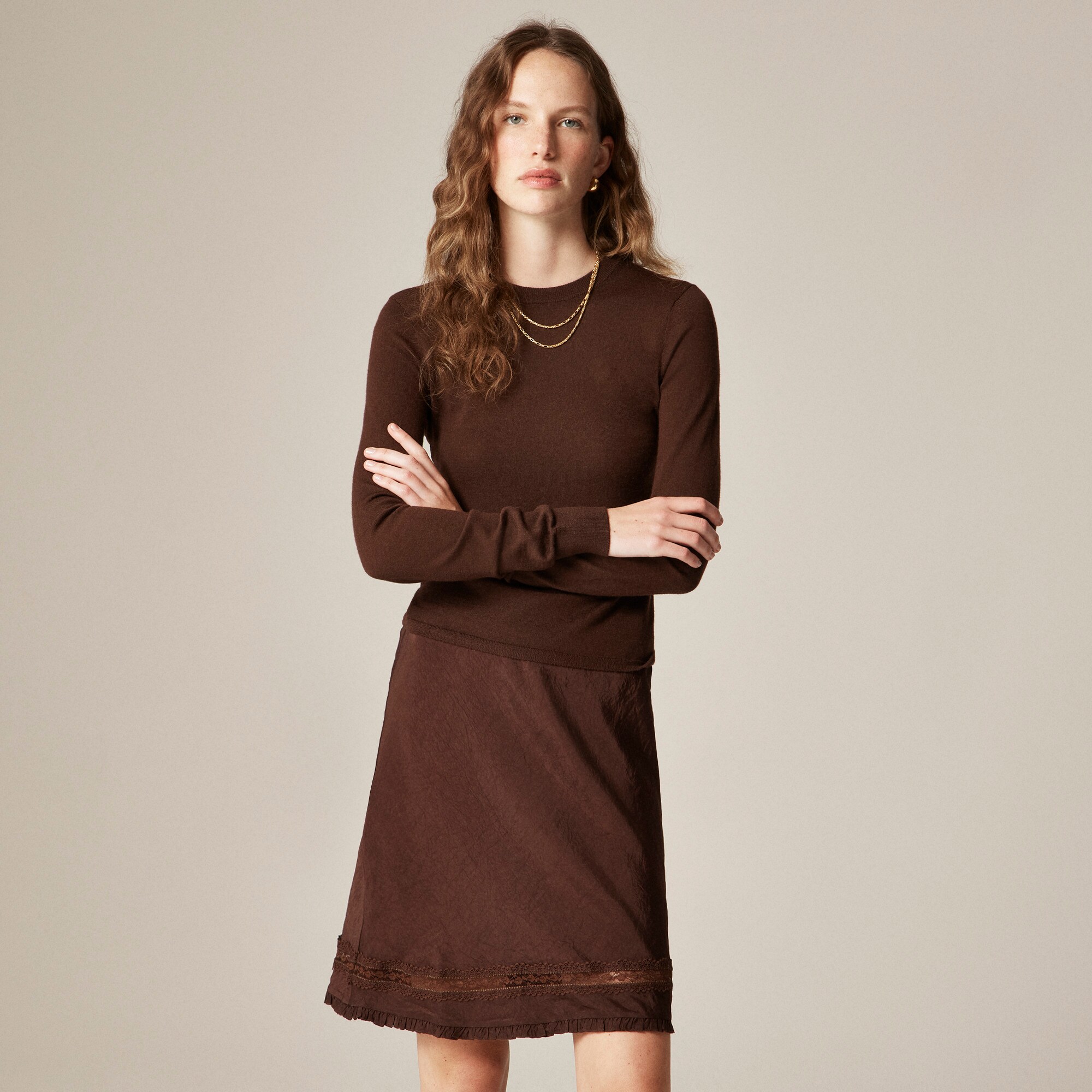 Lace-trim slip skirt in matte textured satin