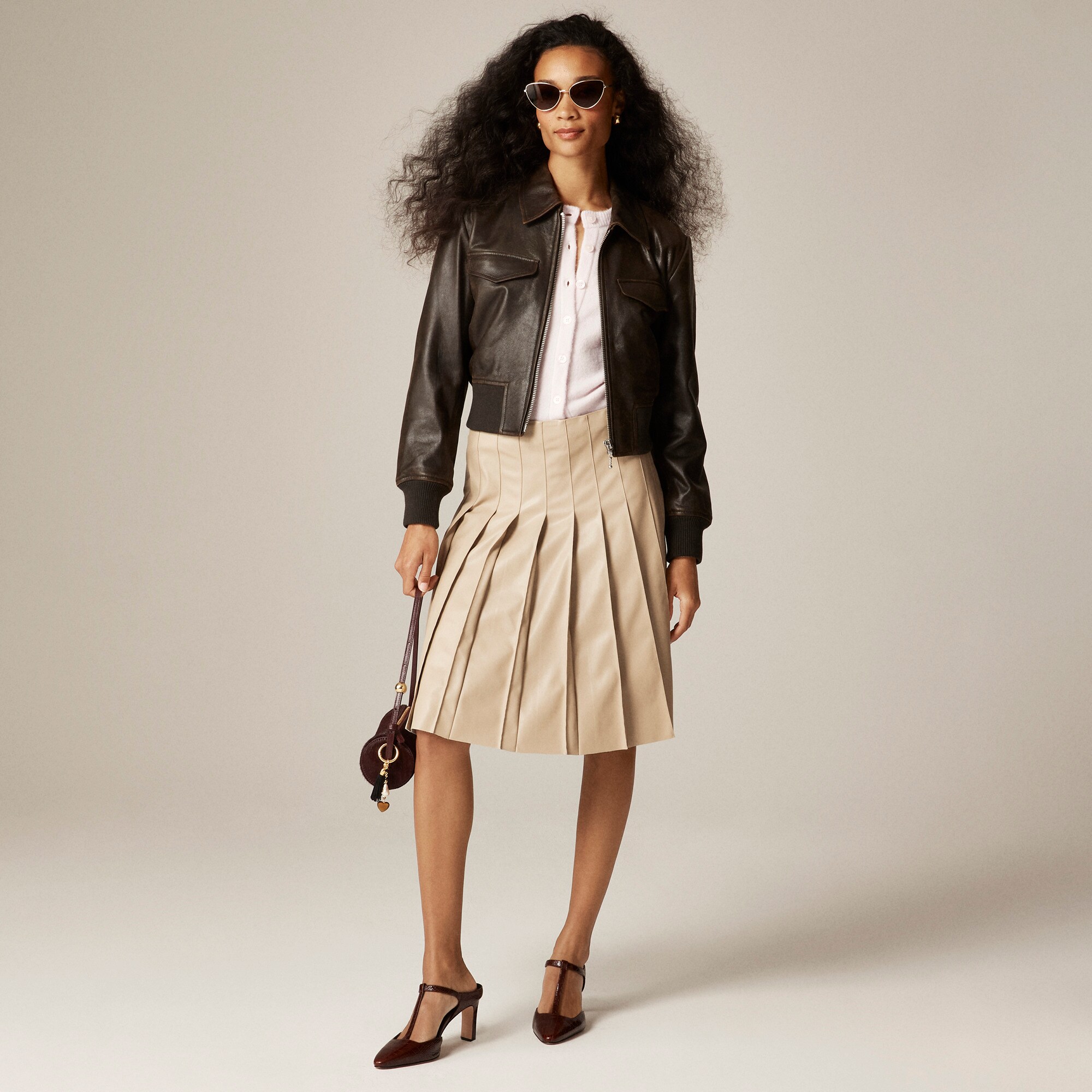 Pleated Knee-length Skirt In Faux Leather For Women