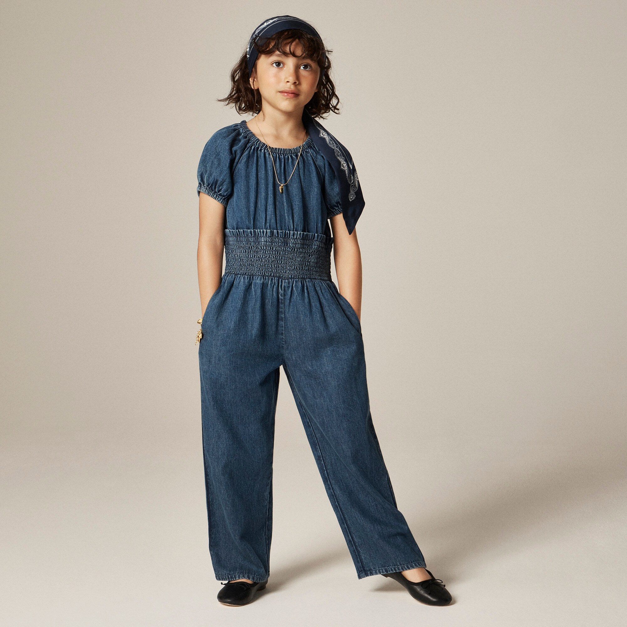  Girls' smocked-waist jumpsuit in drapey denim