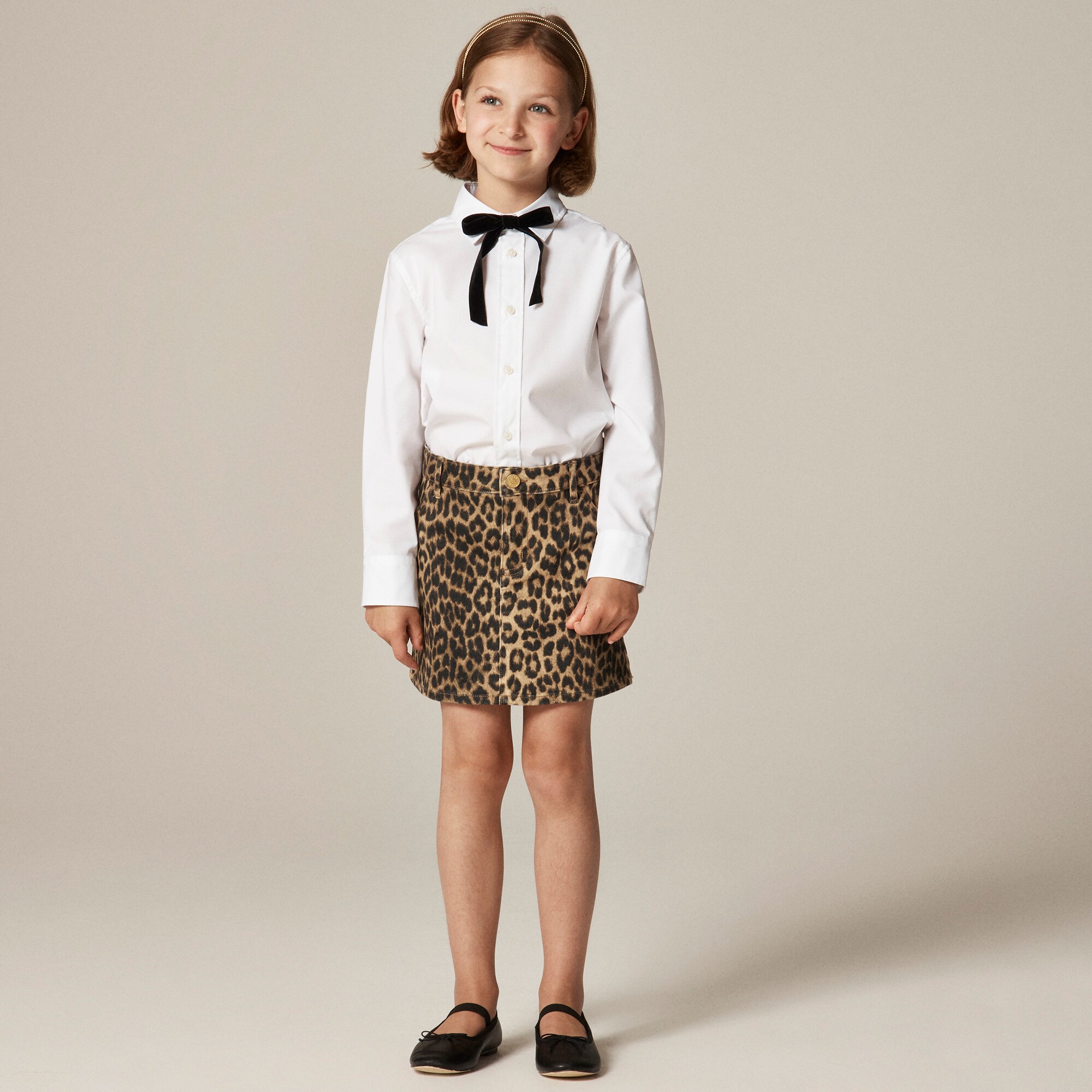 Girls' leopard-print denim skirt