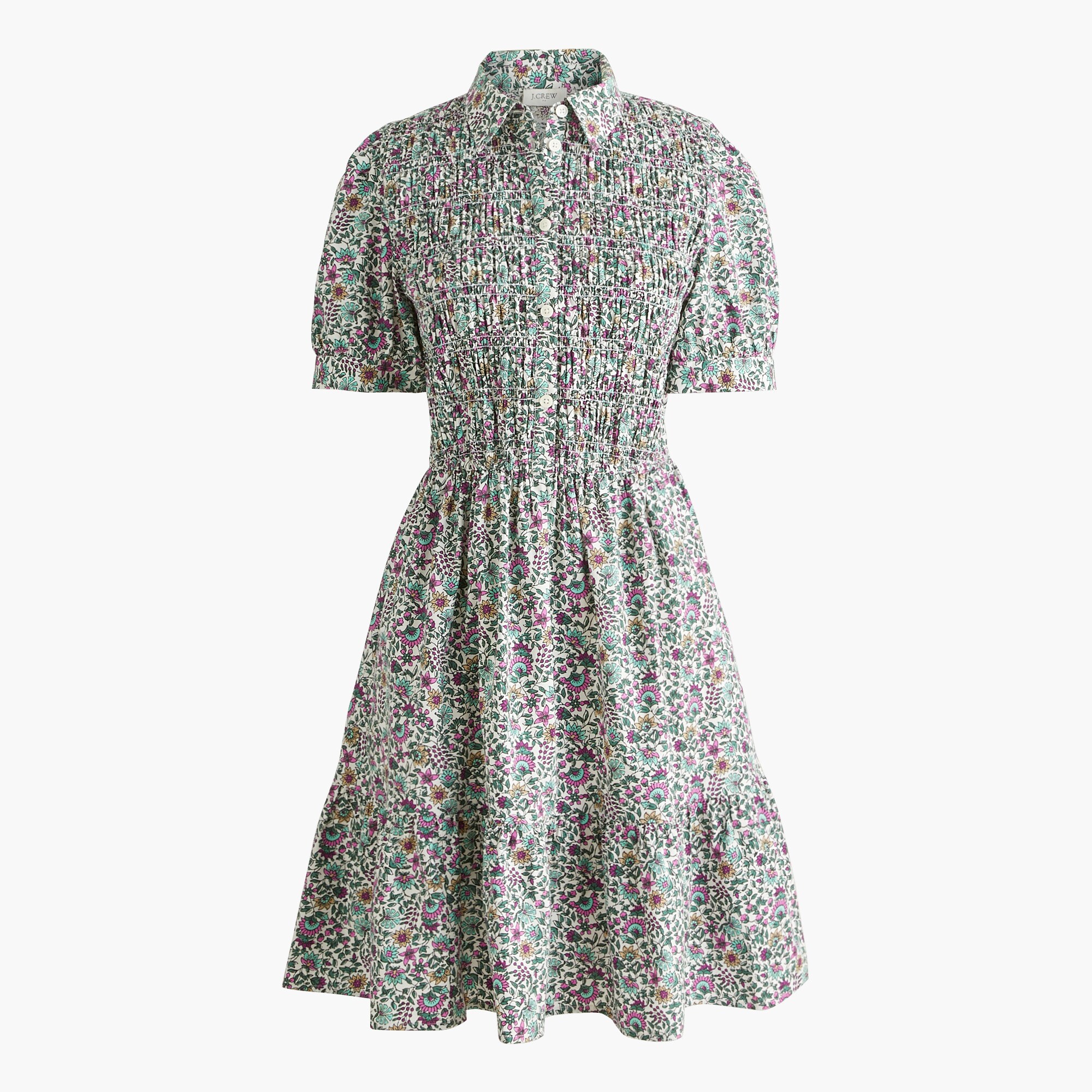 short-sleeve smocked printed shirt-dress for women