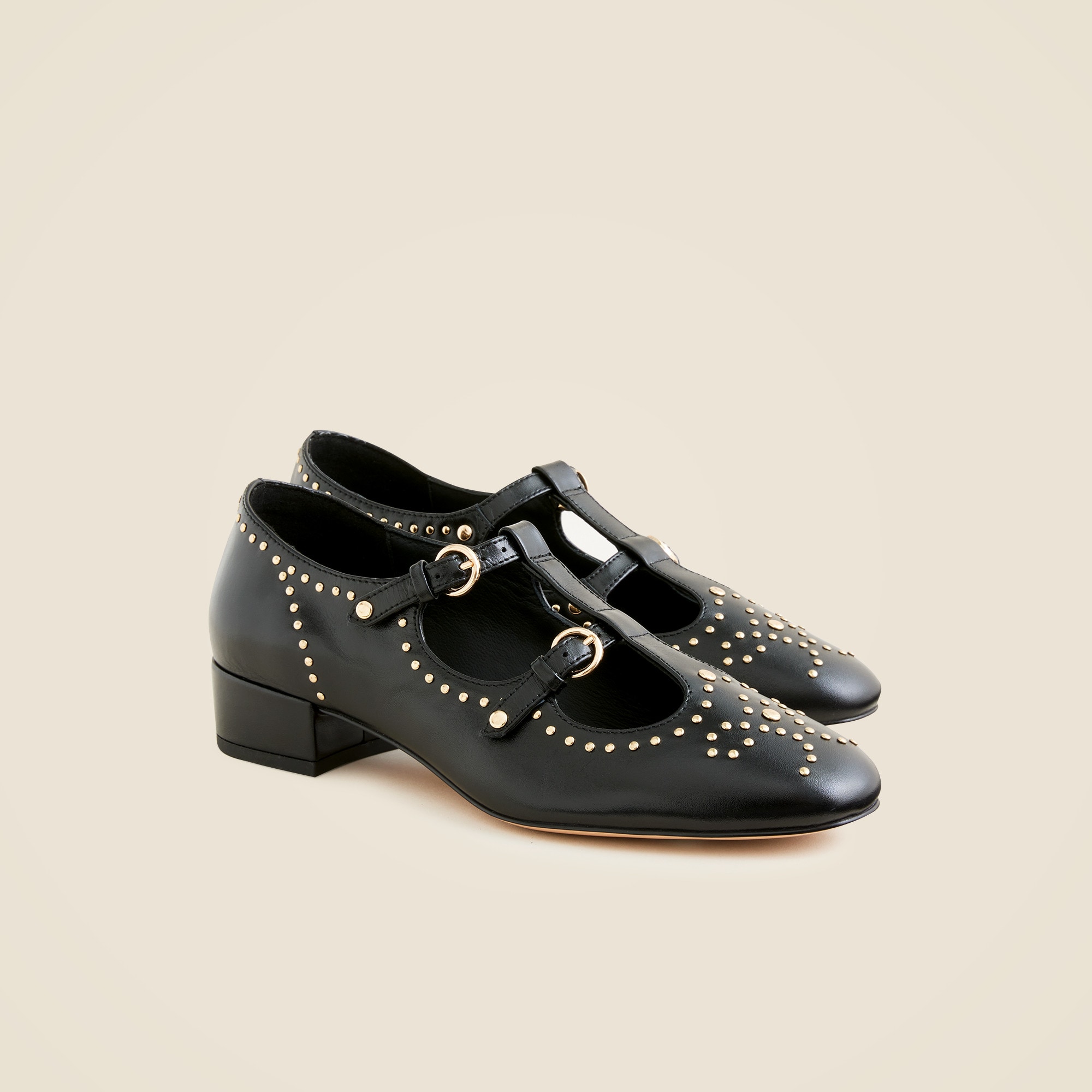 Teagan T-strap wing tip heels in patent leather