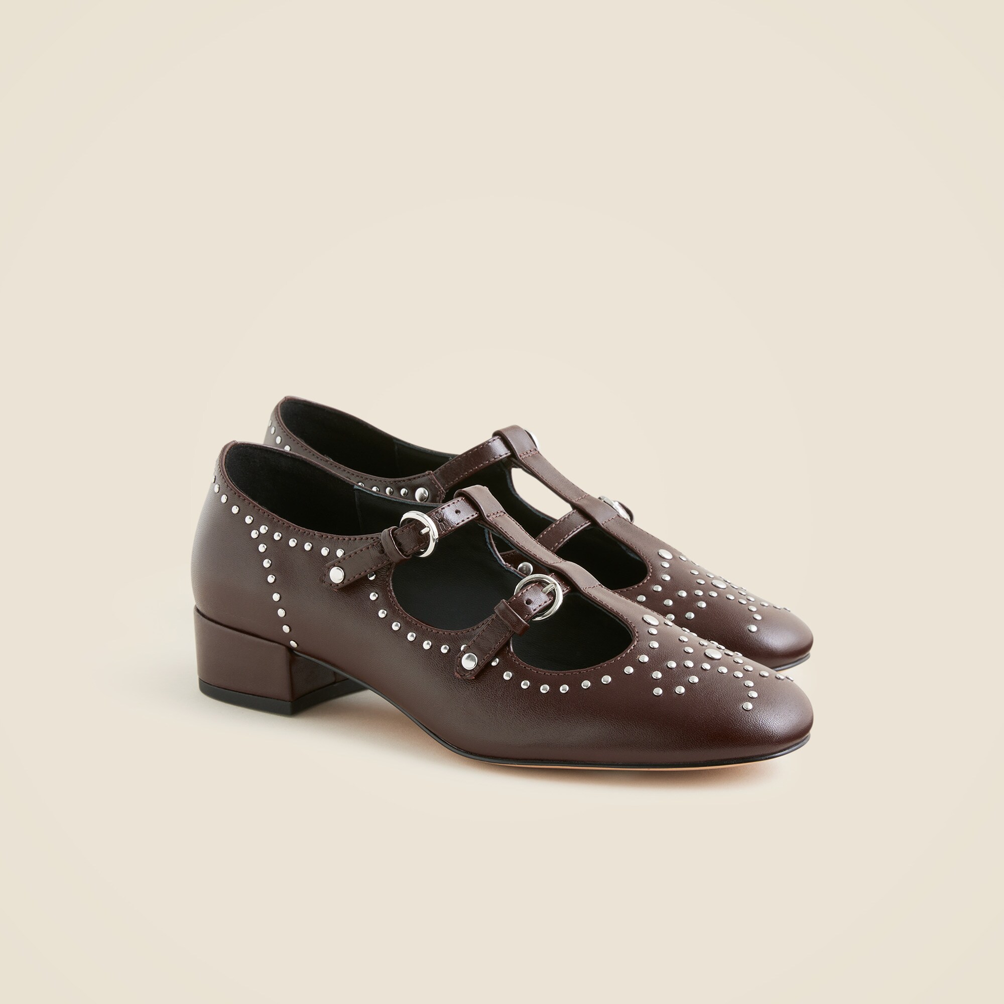 Teagan T-strap wing tip heels in patent leather