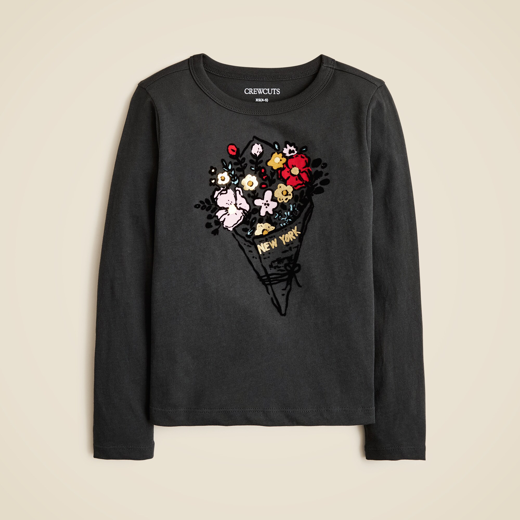  Girls' long-sleeve flower bouquet graphic T-shirt with velvet