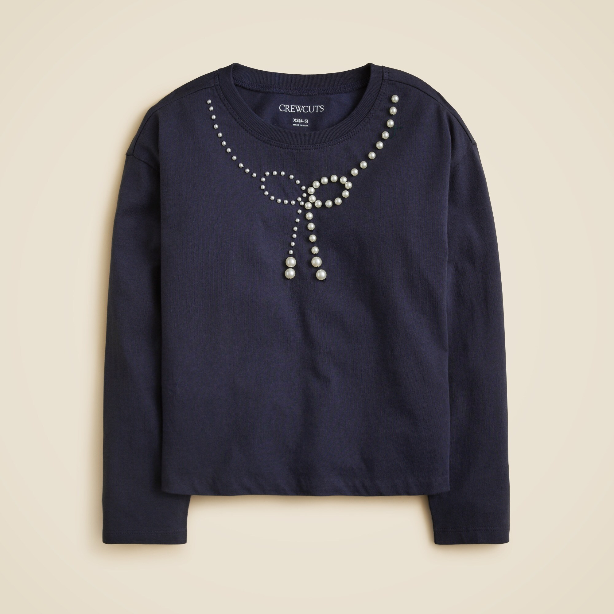  Girls' long-sleeve embellished bow T-shirt with pearls