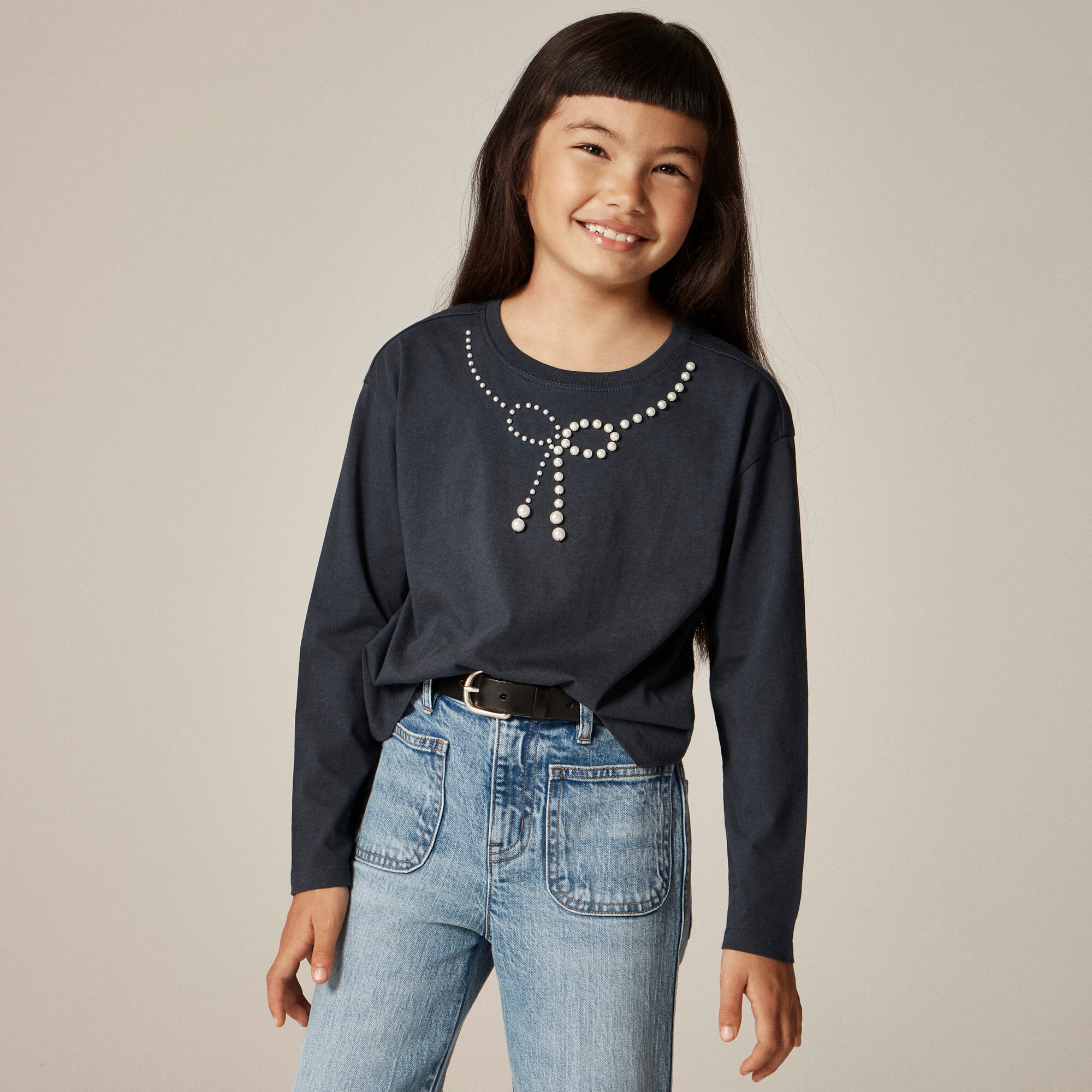 girls Girls' long-sleeve embellished bow T-shirt with pearls