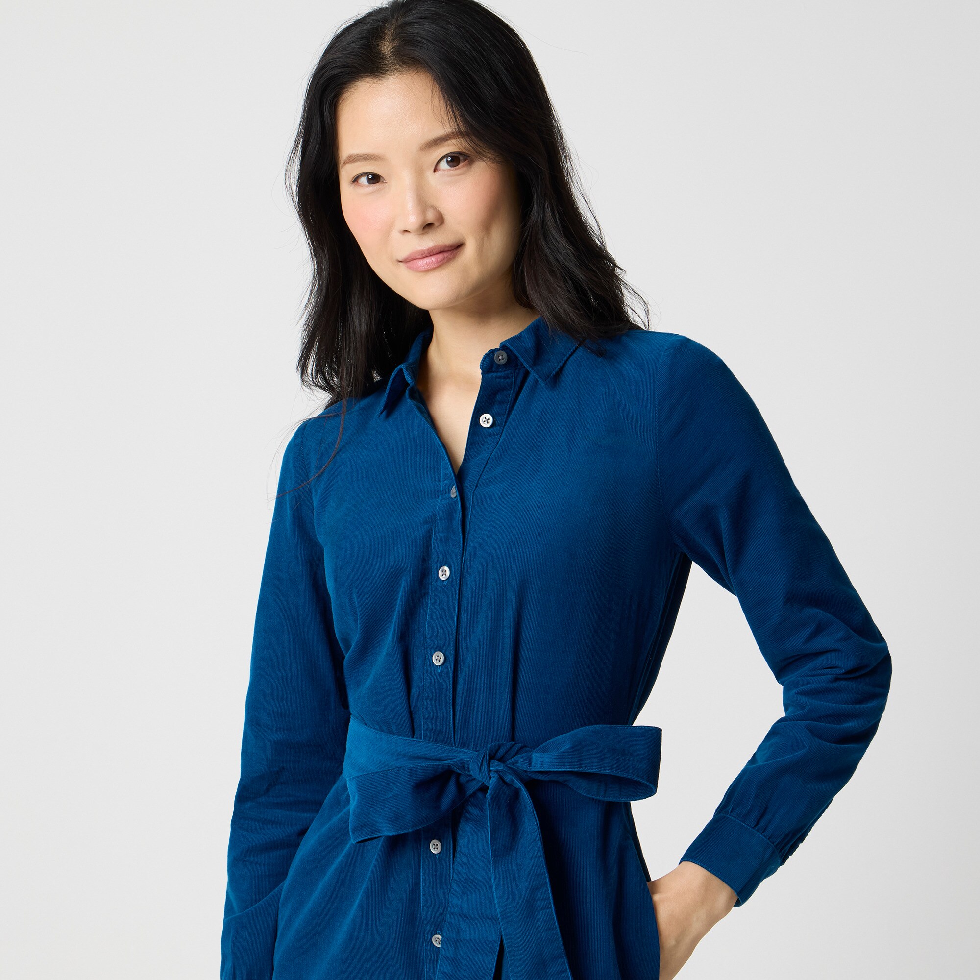 Petite long-sleeve corduroy shirt-dress