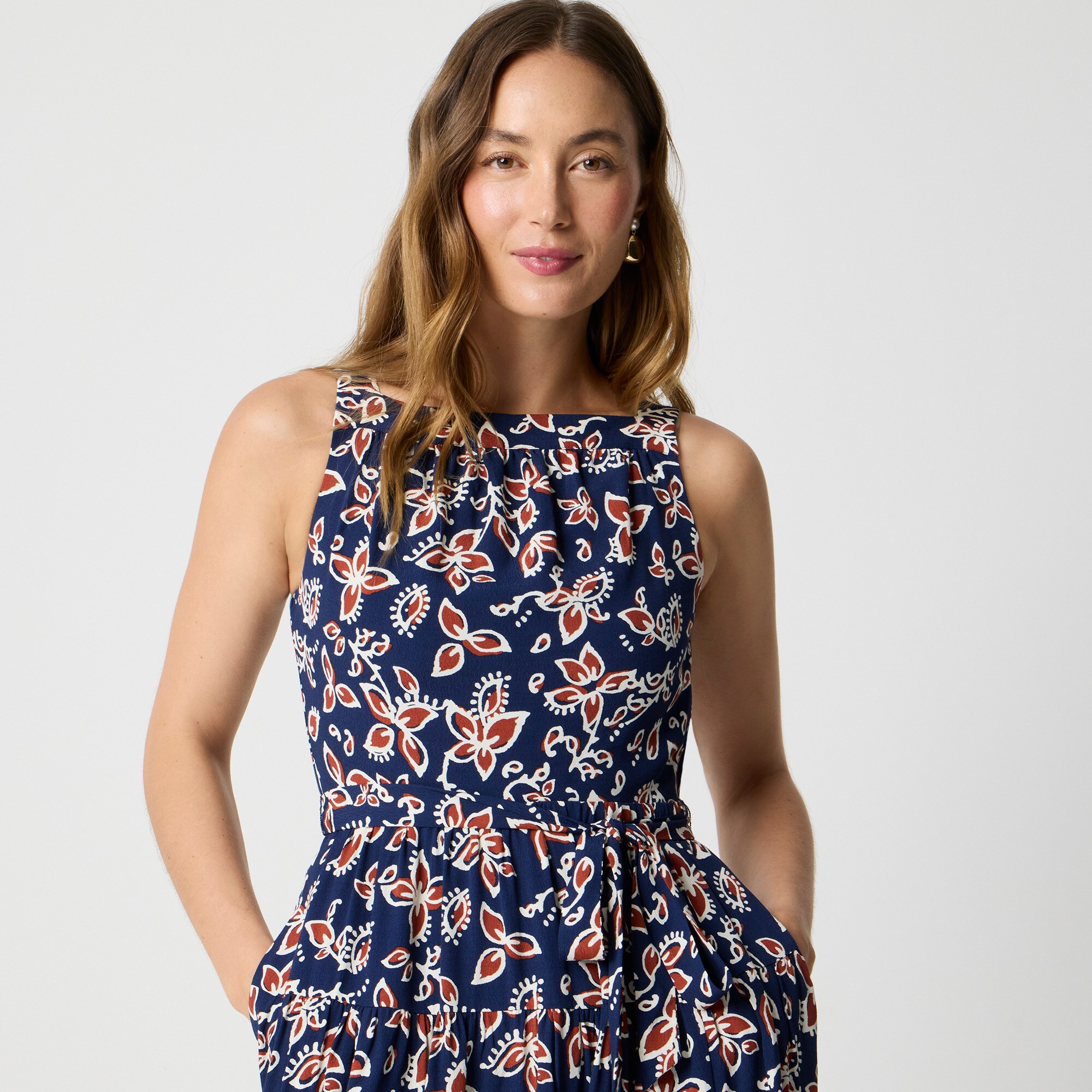 High-neck tie-waist midi dress