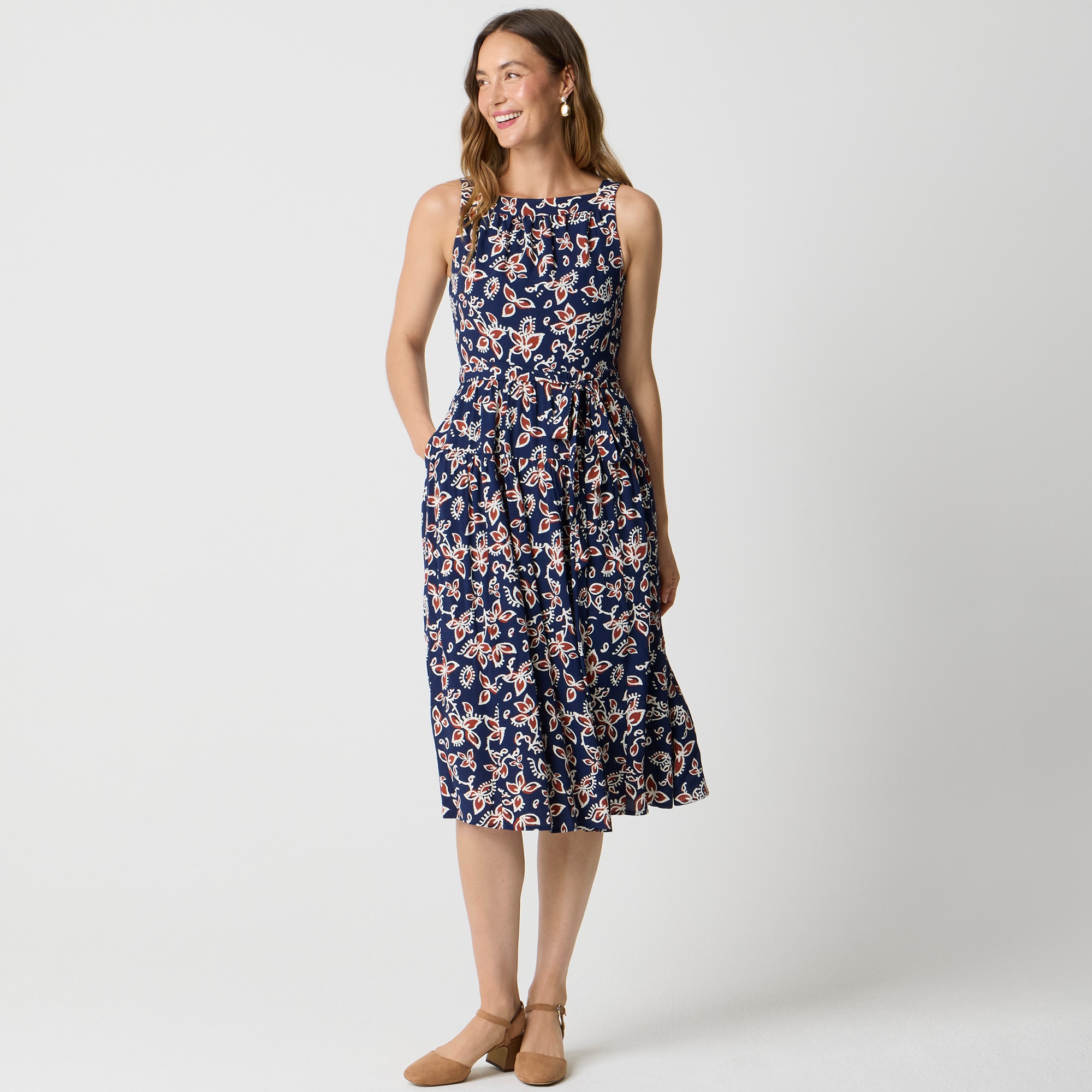 High-neck tie-waist midi dress