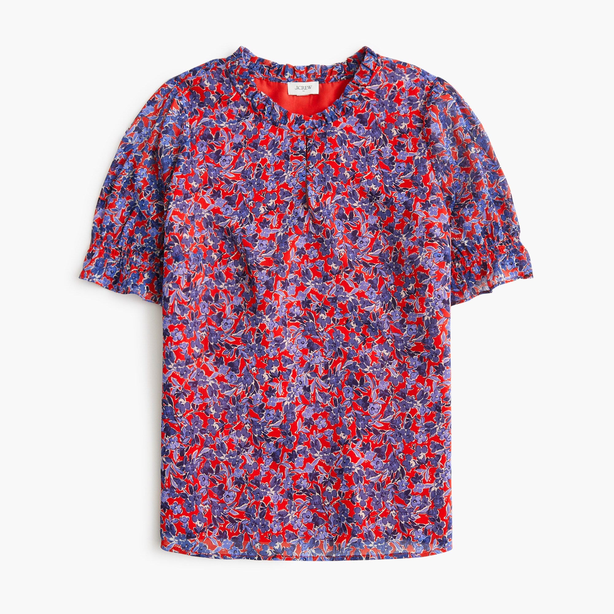 Short-sleeve printed ruffleneck top
