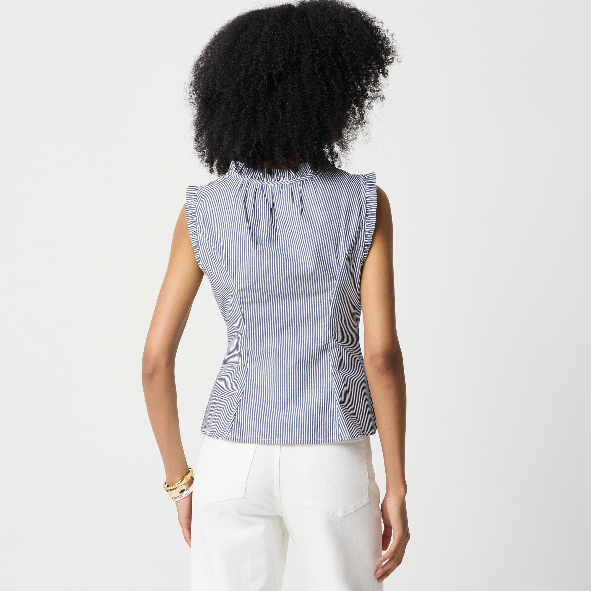 Striped ruffleneck tie-neck top