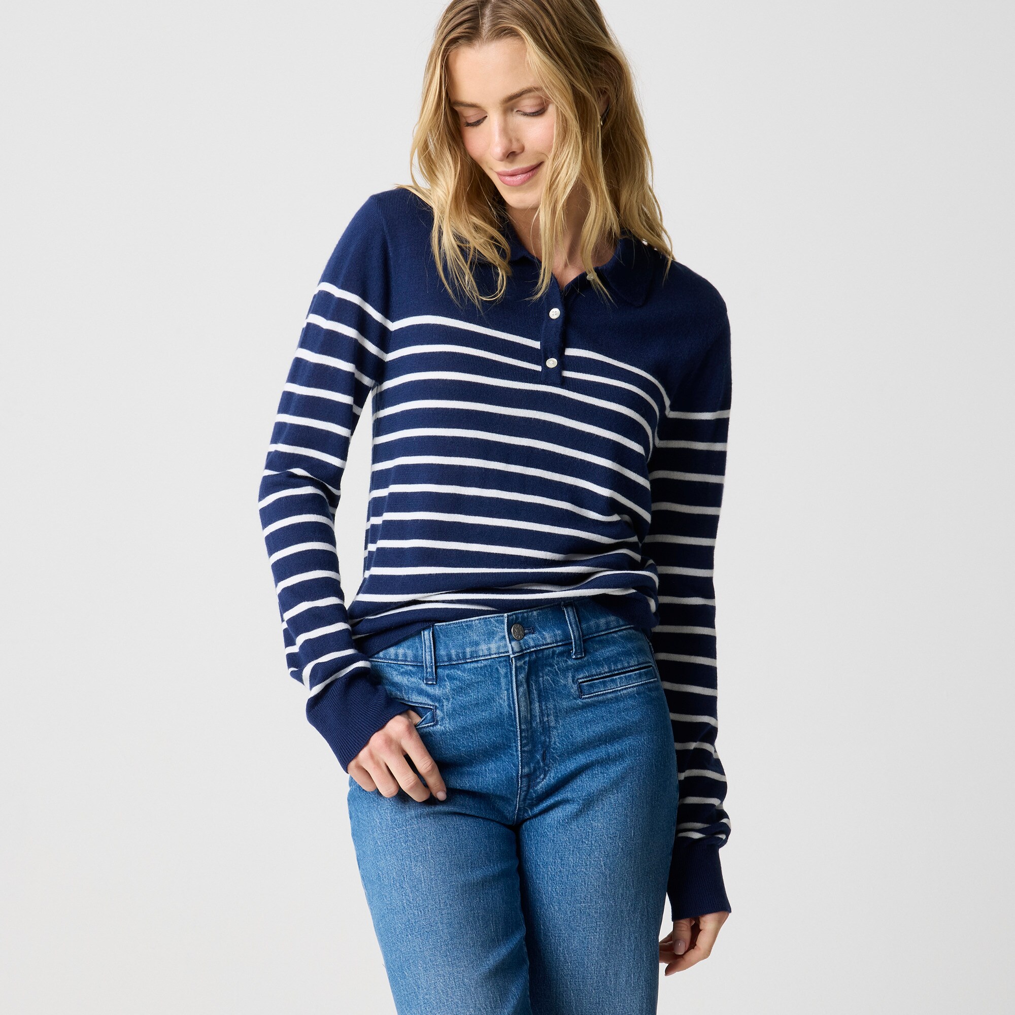 Striped merino wool-blend sweater-polo