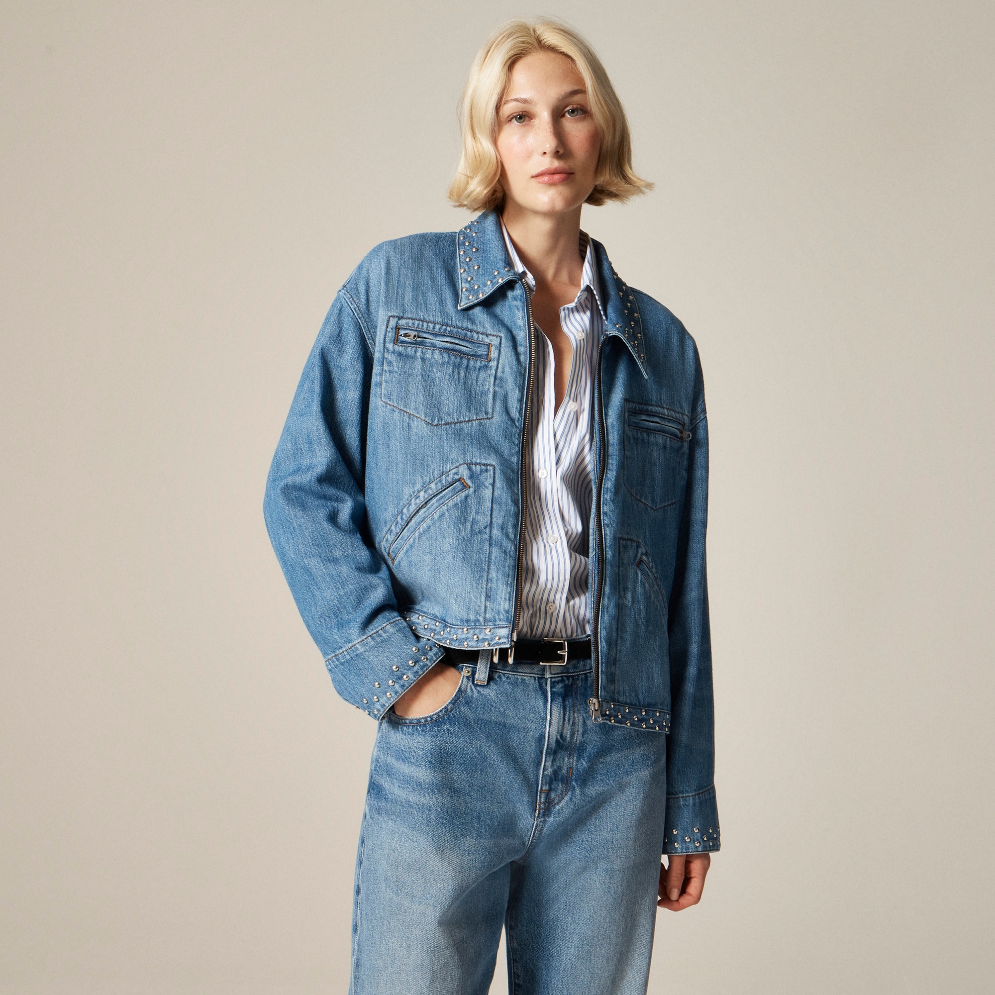 Cropped denim jacket with stud embellishments - image 2