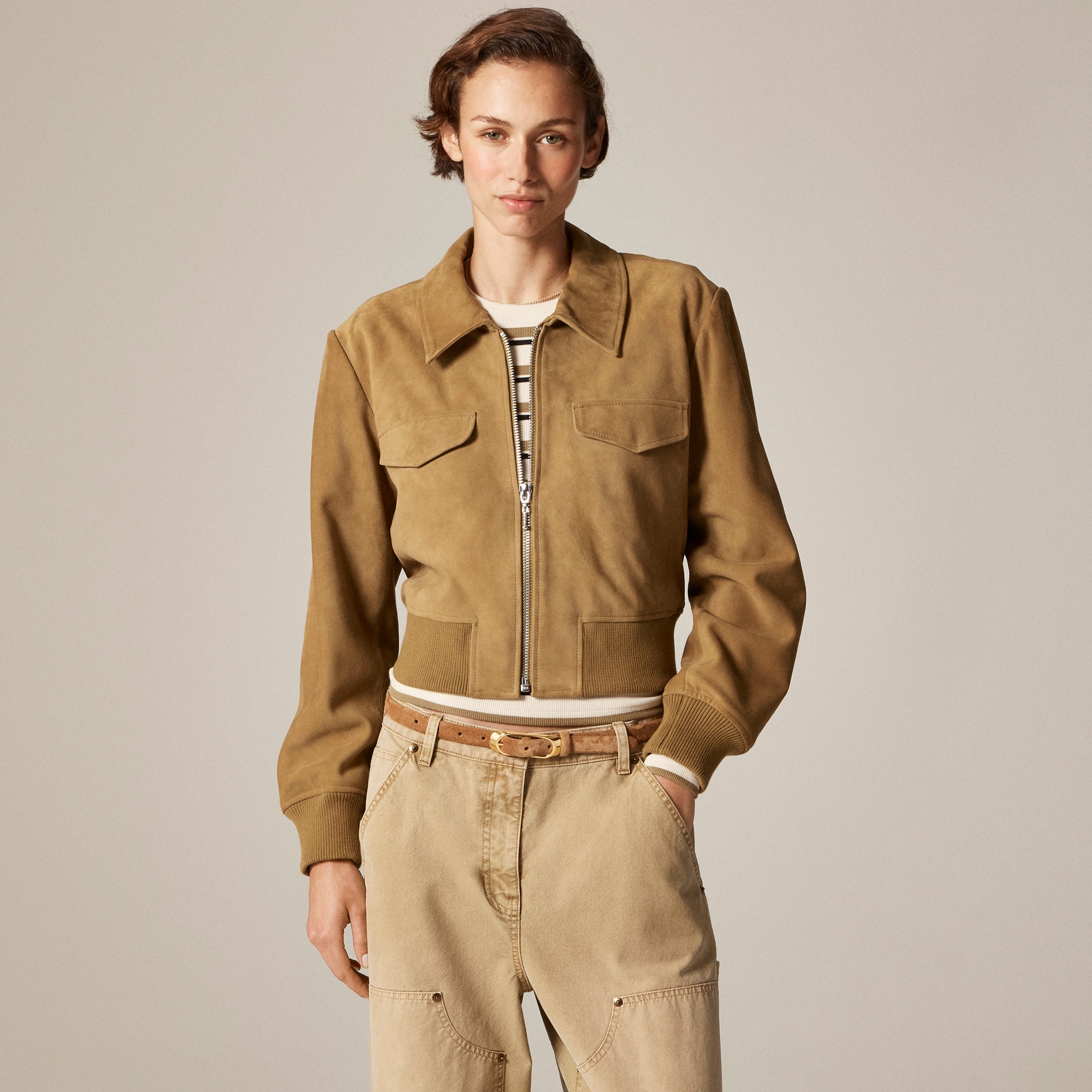 Collection cropped flight jacket in suede