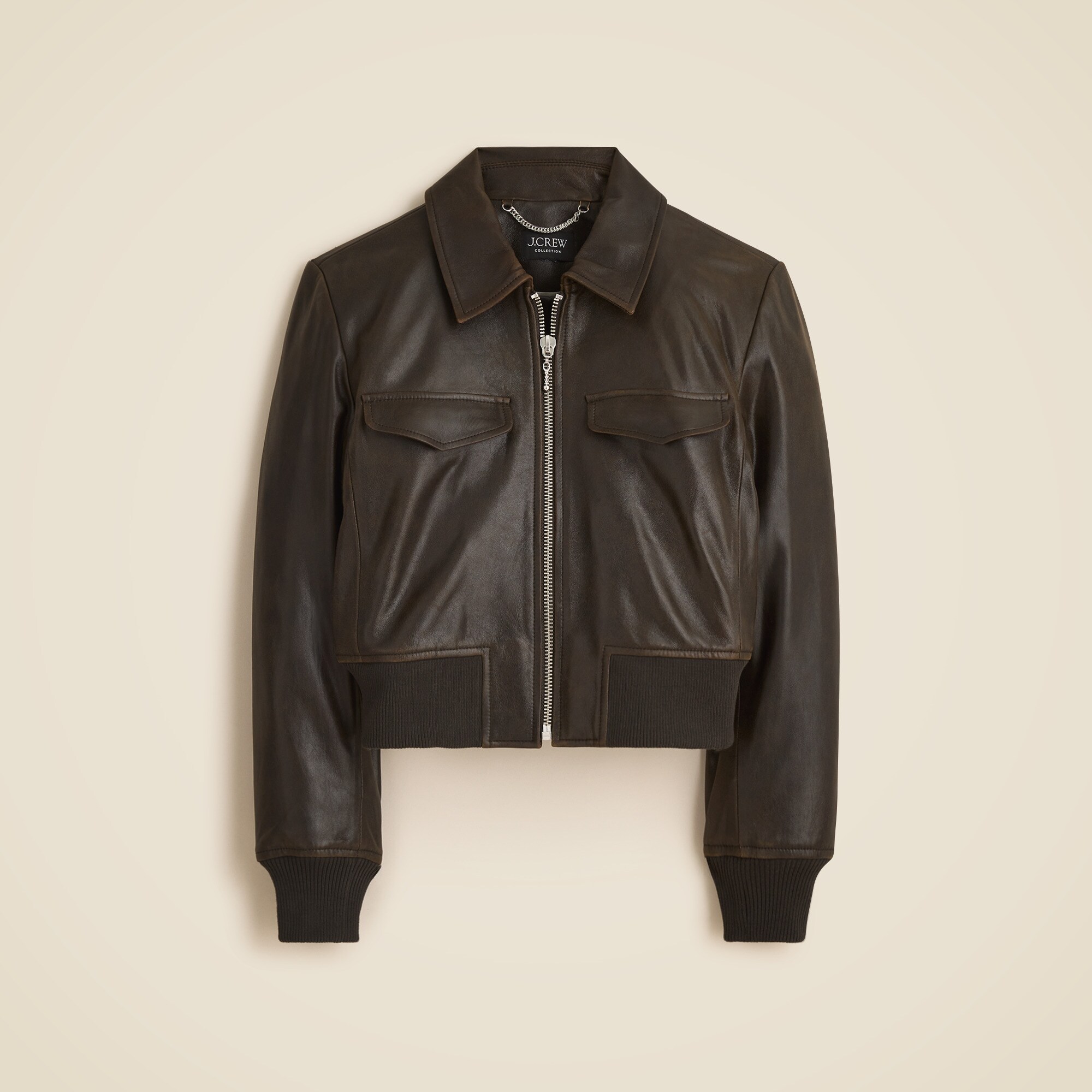 Collection cropped flight jacket in distressed leather