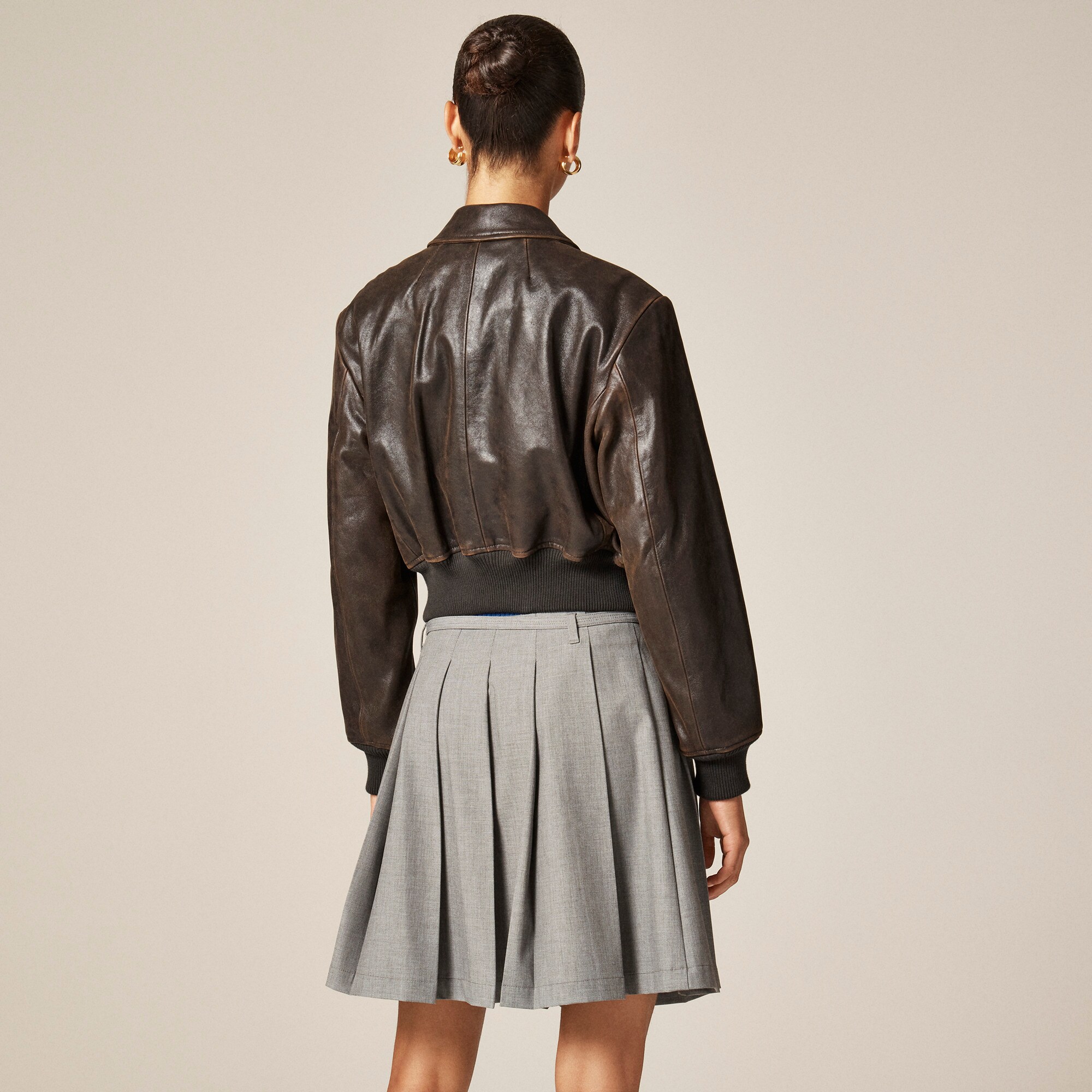 Collection cropped flight jacket in distressed leather